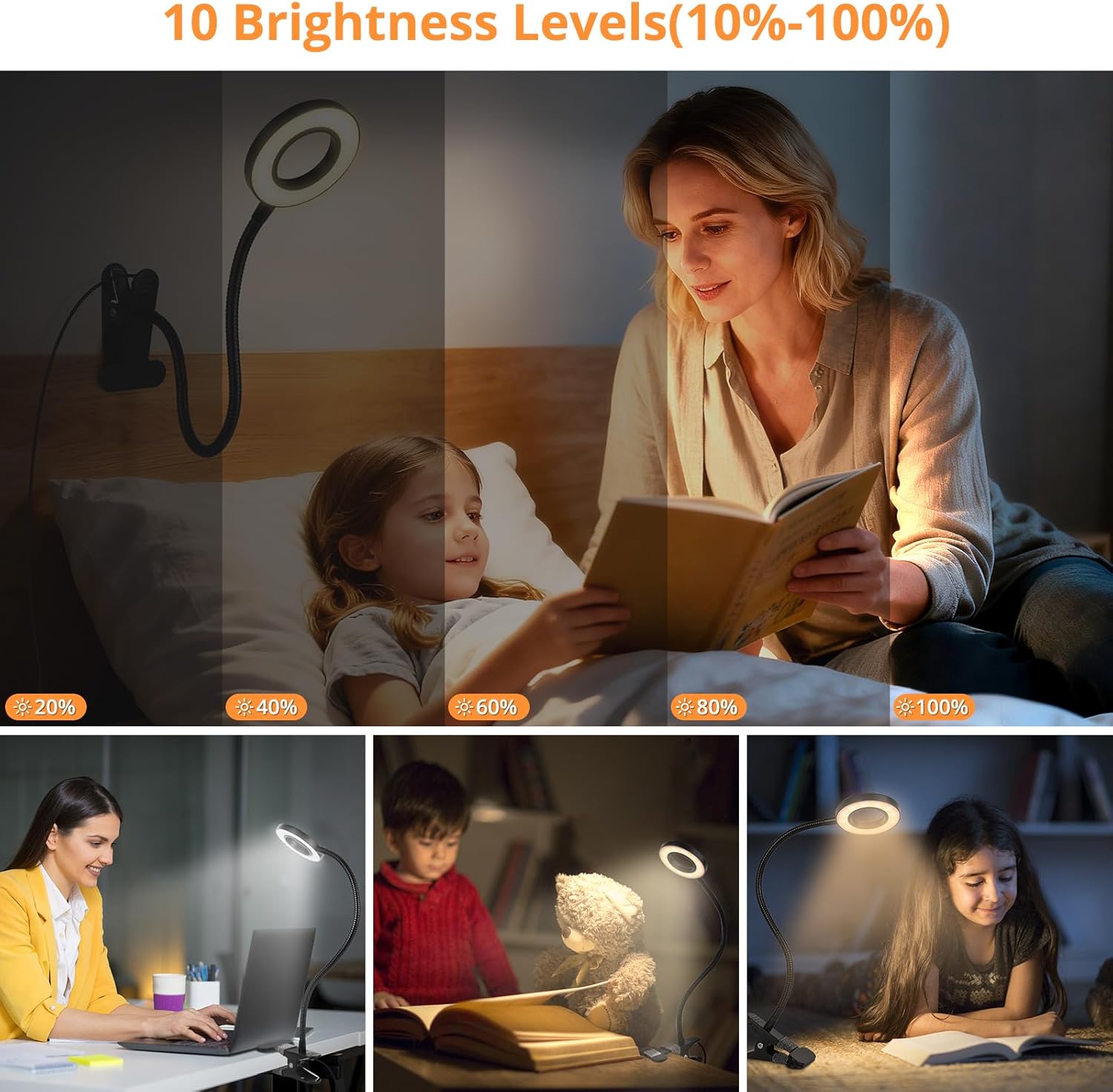 Desk Lamp Clip Light, 10 Dimmable Brightness 3 Light Modes Reading Lig