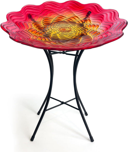 HONGLAND Bird Bath for Outside,15" Diameter Large Glass Birdbaths for Outdoors,Detachable Bird Baths Bowl with Metal Stand for Garden Patio Lawn Decor,19" Height - Red
