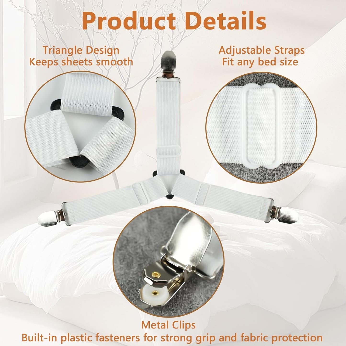 4PCS Bed Sheet Straps with Metal Clips, Adjustable Elastic Fitted Sheet Holders for Corners, Keep Bedding Wrinkle-Free, Easy to Install Durable Fasteners, Mattresses (White)