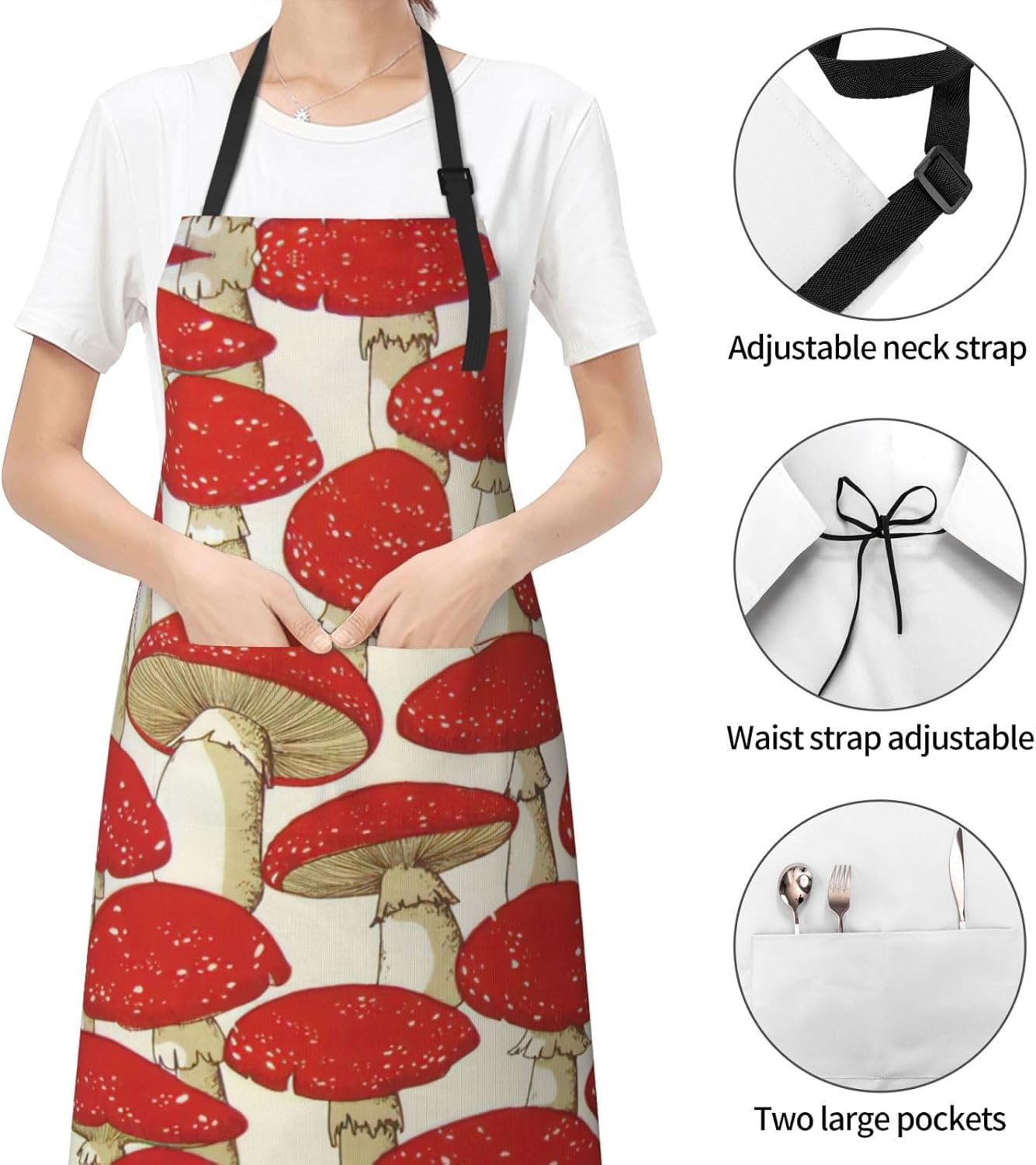 Red White Mushroom Print Laundry apron 28x33 In Waterproof Kitchen Apr