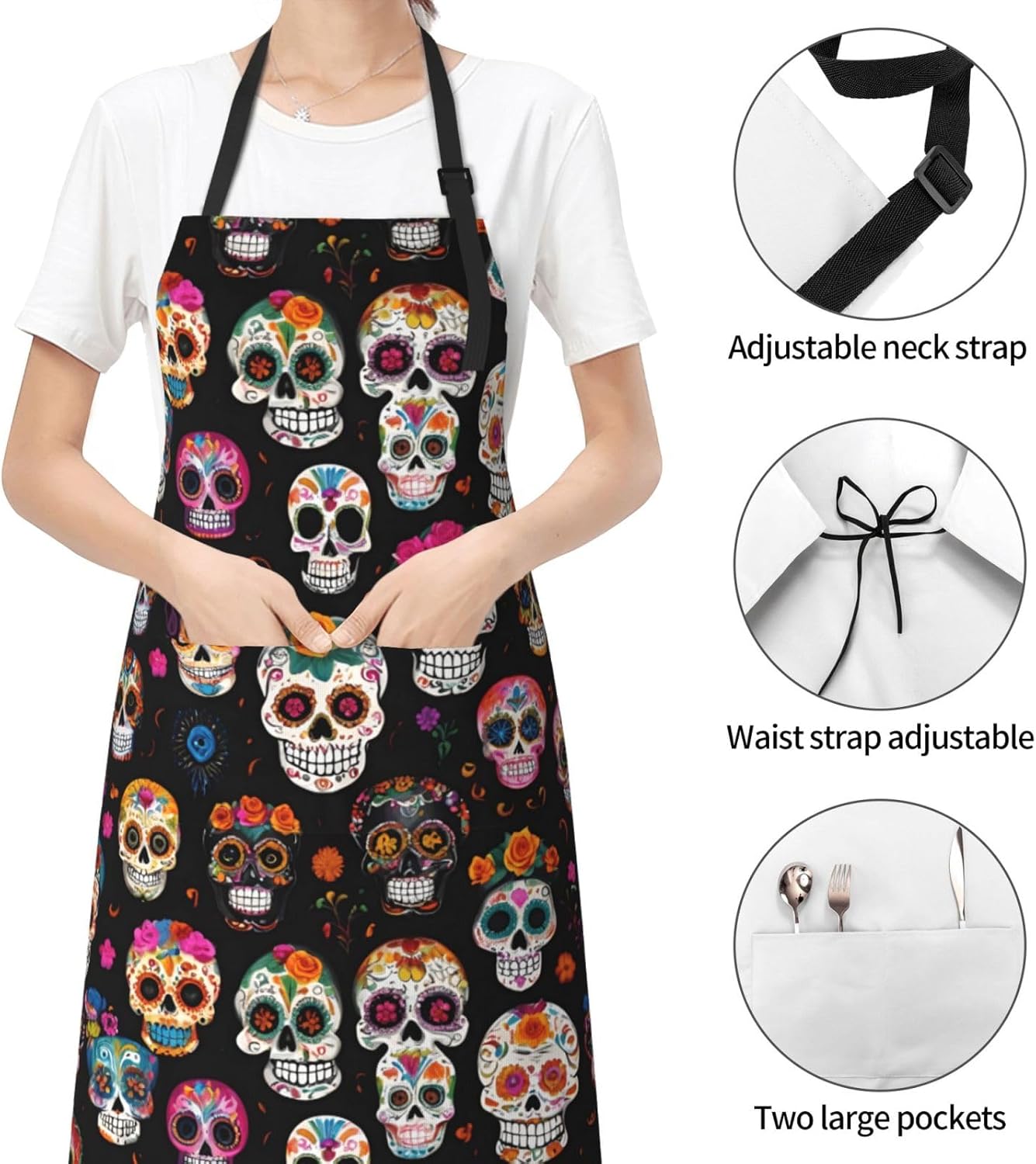 YANYU Skull Print 28x33 In Kitchen Apron Stylish Chef Apron with Pockets for Cooking Baking Painting