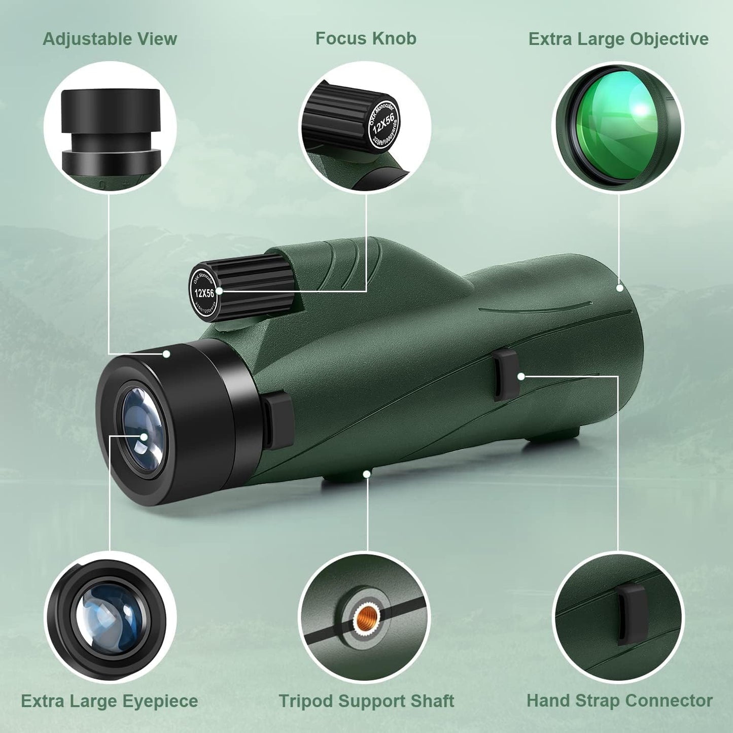 12x56 High Power Monocular Telescope for Adults | Comes with Smartphone Adapter Tripod Travel Bag | Bird Watching Hunting Hiking Camping Gift - Green