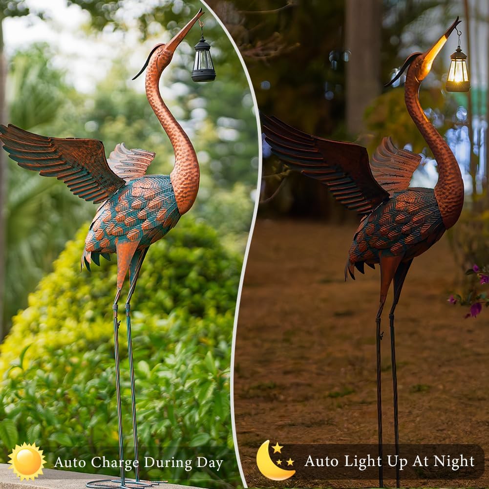 48'' Heron Garden Statue, Large Crane Outdoor Statue with Solar Lanter