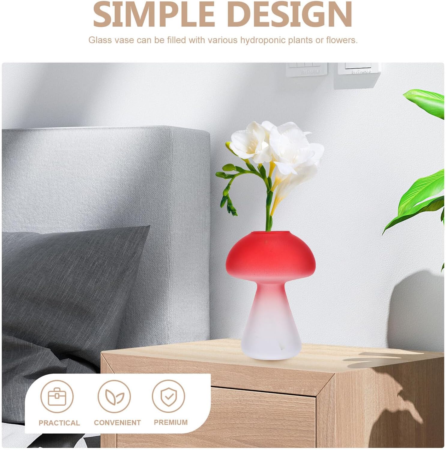 Mushroom Shaped Glass Vase Desktop Hydroponic Flower Pot Red Glass Ter