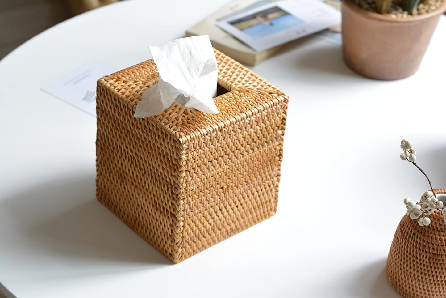 라탄 티슈 박스 커버 스퀘어, 손으로 짠 고리버들 티슈 홀더, 5.5 x 14.5 x 14.5cm(5.5 x 5.5 x