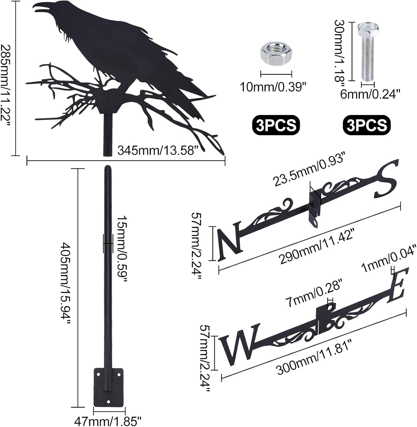 SUPERDANT Crow Weathervane Raven Weather Vane for Yard Animal Metal Wind Vanes Roof Mount for Outside Garden Black Weathervanes Farmhouse Farm Barn Sheds Patio Outdoor Halloween Decorations Gifts