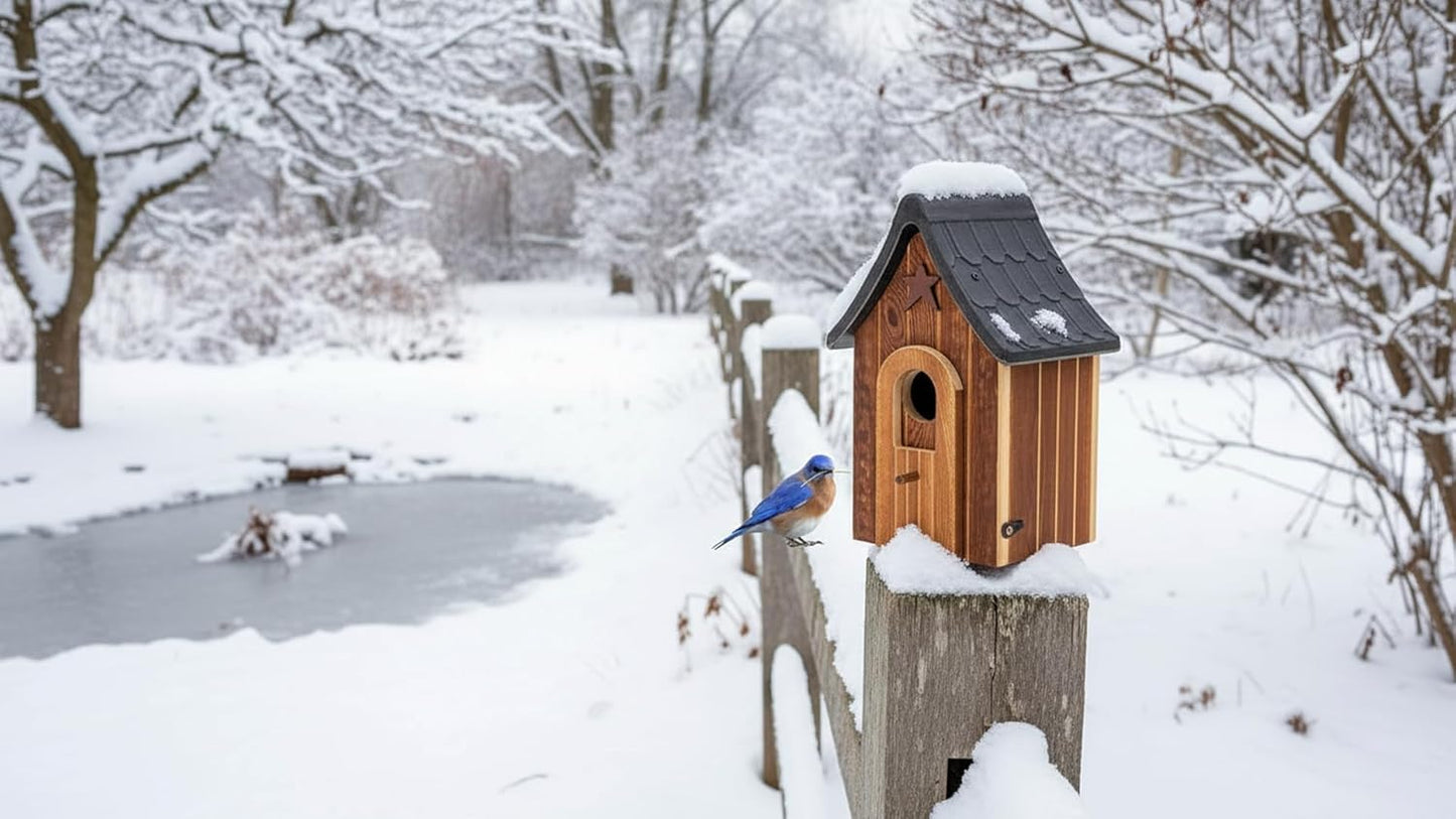 Water Proof Bluebird Bird Houses for Outside, 1.5" Entrance with Landing Perch Guard, Rustic Patriot Style, Squirrel Proof Composite Material Bird House for Outdoor, HDPE Roof 10 Years Weatherable