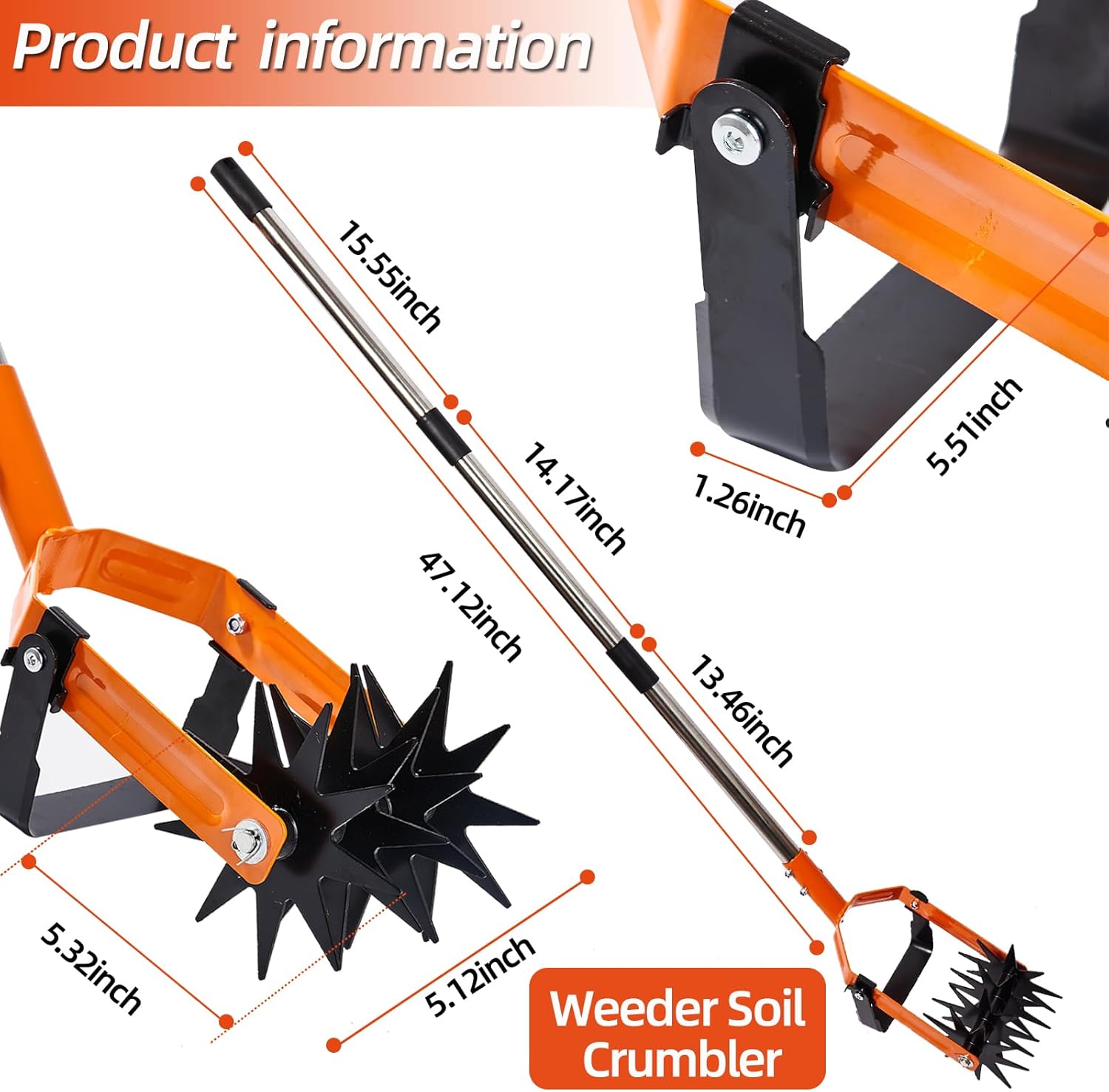 72inch Rotary Cultivator,Gardening Hand Tiller,Adjustable Long Handle,