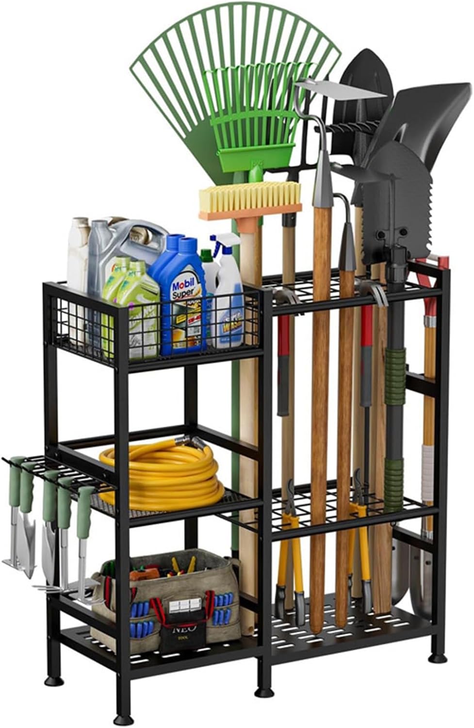 Metal Garden Tool Cart for Outdoor, Heavy Duty Yard Tool Rack Stand Organizer with Hooks, Long Handled Shovels/Rakes/Brooms