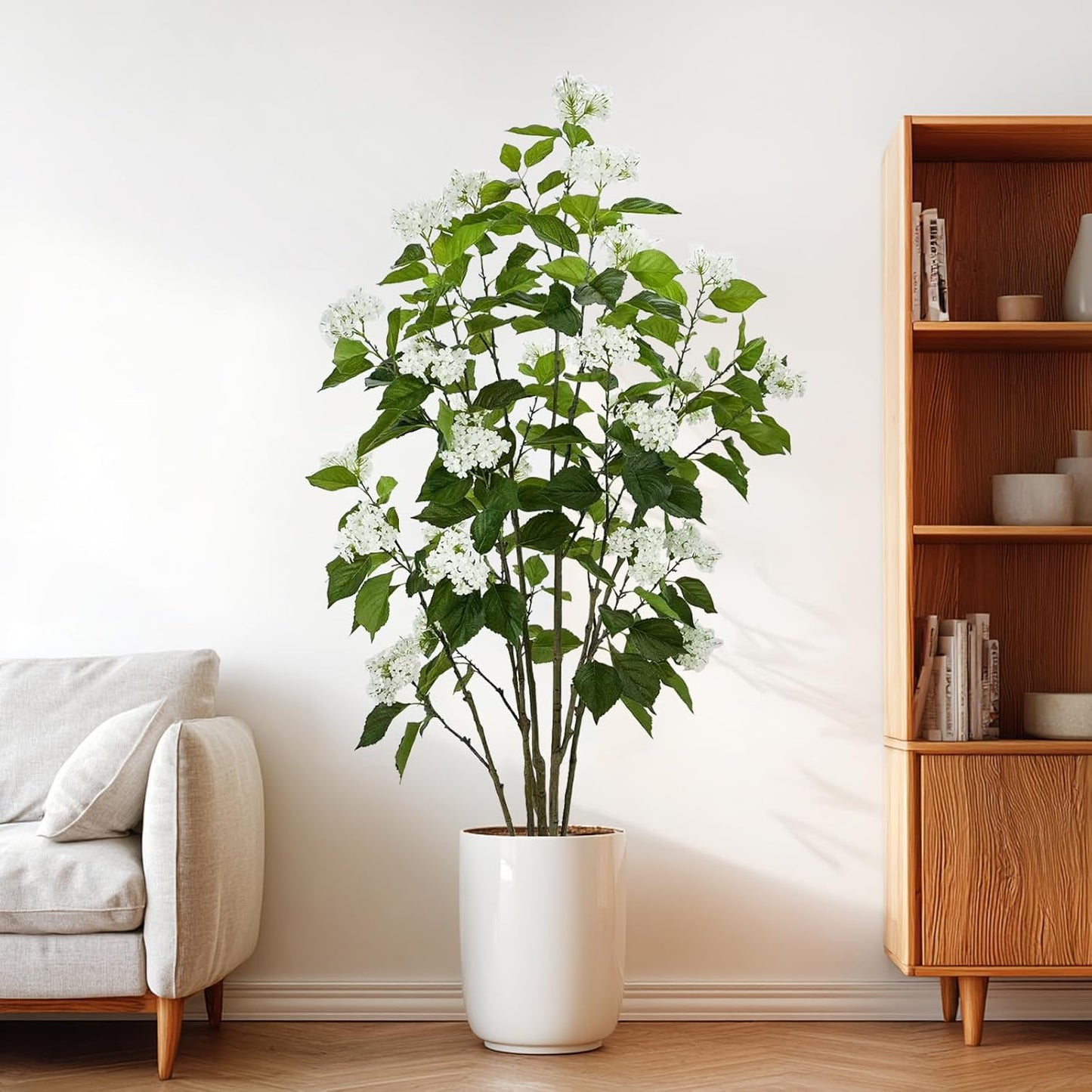 6FT Artificial Hydrangea Tree with 29 Blooms, Potted Fake Plant for Home Office Decor, Realistic Leaves & Bendable Branches, White Planter (6 FT)