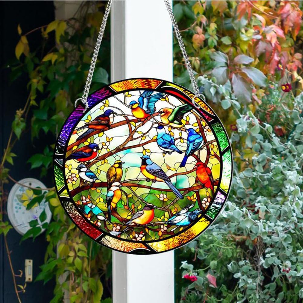 11.8'' Birds Acrylic Window Hangings, Stained Panel Colorful Indoor Outdoor Home Garden Ornaments (Bird Concert)