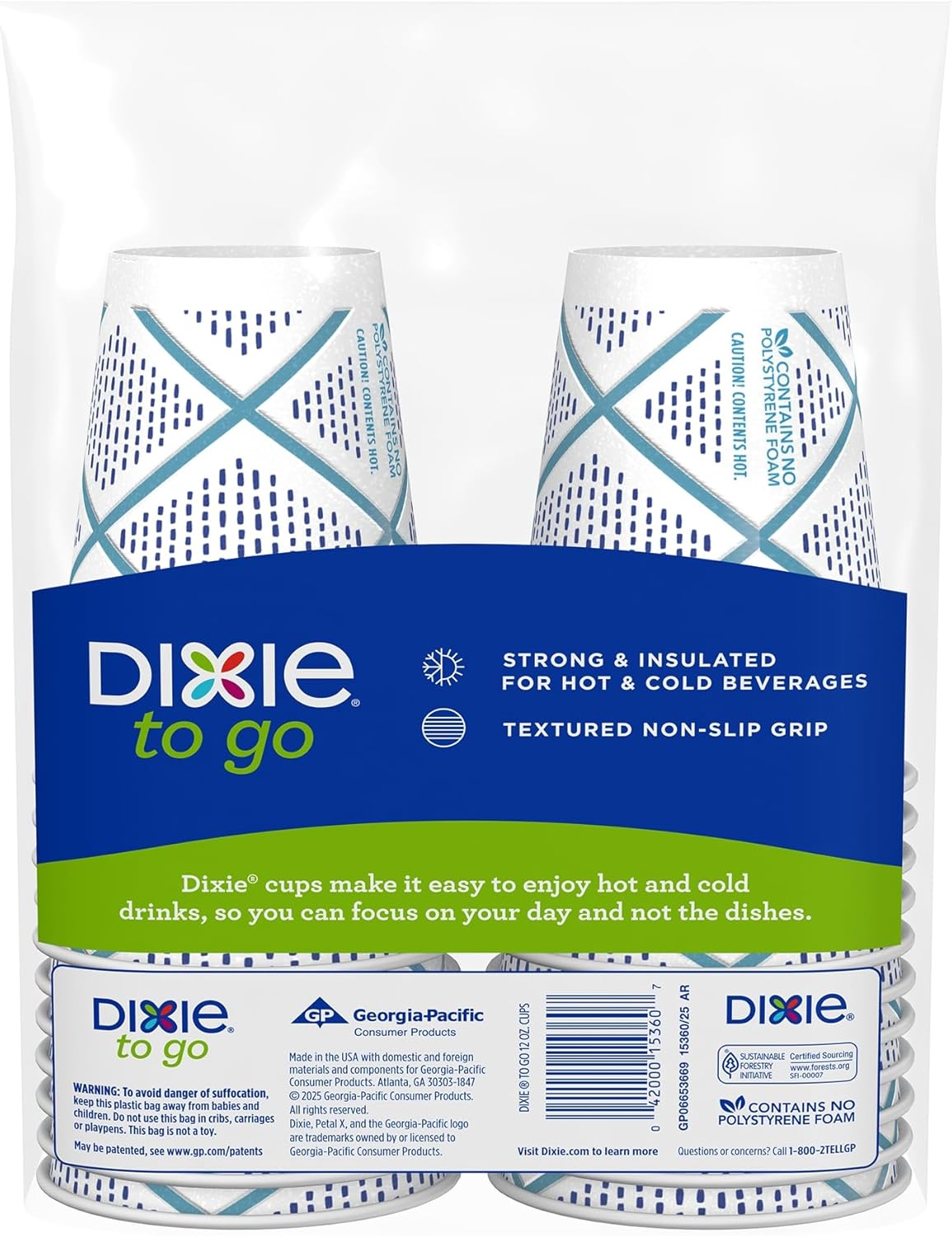 Dixie To Go Paper Coffee Cups, 12 oz, 132 ct, Disposable Insulated Paper Cups for On-The-Go Hot or Cold Beverages