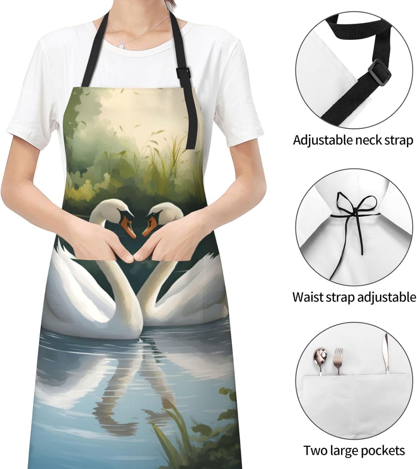 Beautiful White Swans on The Lake Print 28 x 33in Waterproof Apron with Pockets Fashionable Versatile Smock for Baking