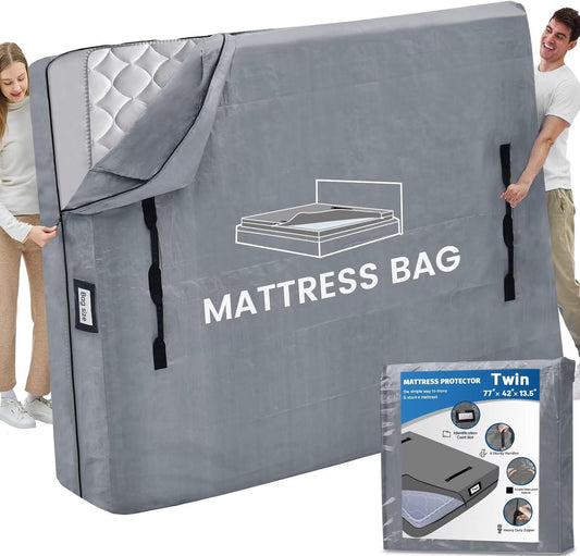 Mattress Bags for Moving and Storage, BETU Twin Mattress Protector Waterproof Mattress Cover with 8 Heavy Duty Handles and Zipper Extra Thick Moving Supplies for Dorm Bed Reusable (77x42x13.5 Grey)