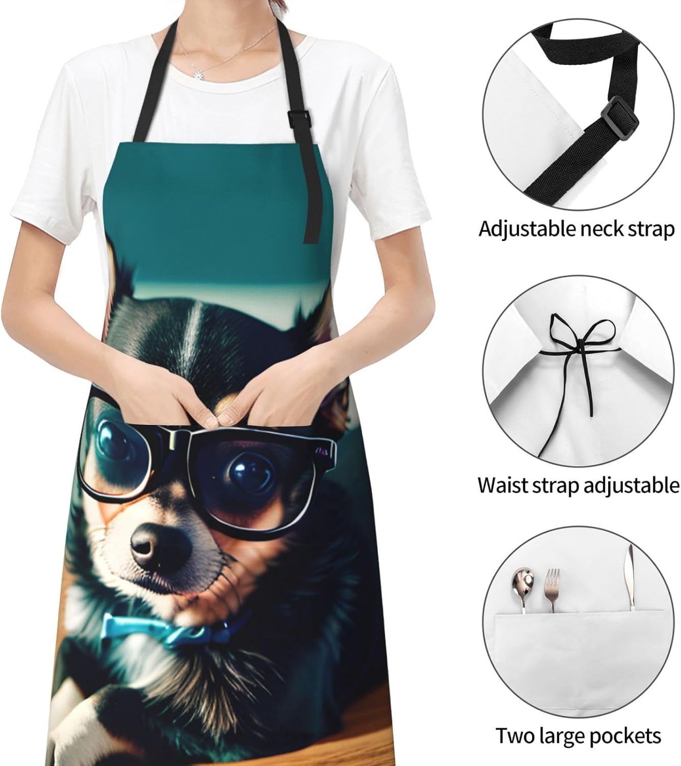 Chihuahua Dog Glasses print Waterproof chef's apron with pocket apron for kitchen cooking baking barbecue and gardening