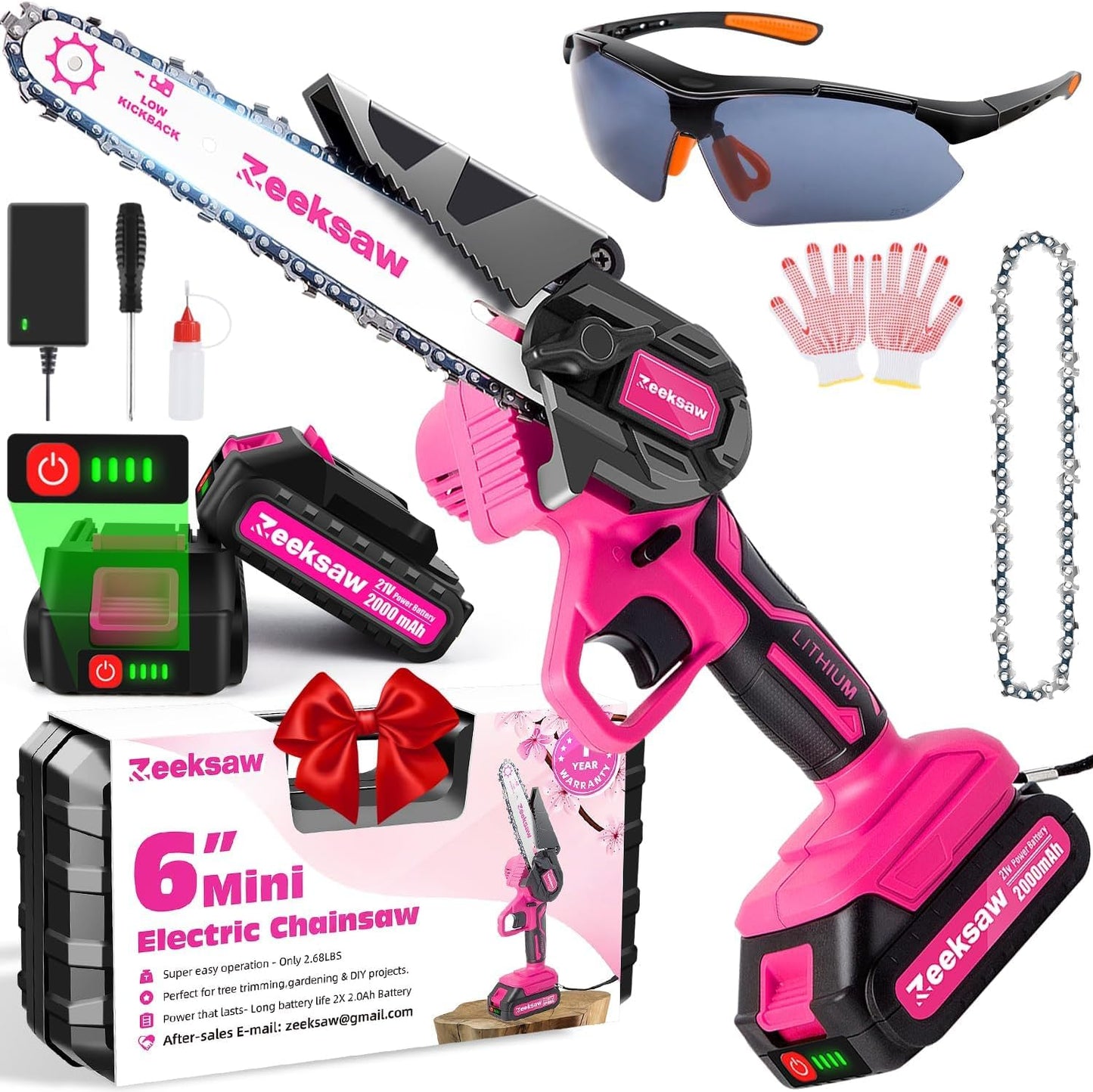 Pink Mini Chainsaw Cordless 6 inch - Electric Hand Held Chain Saw Batt