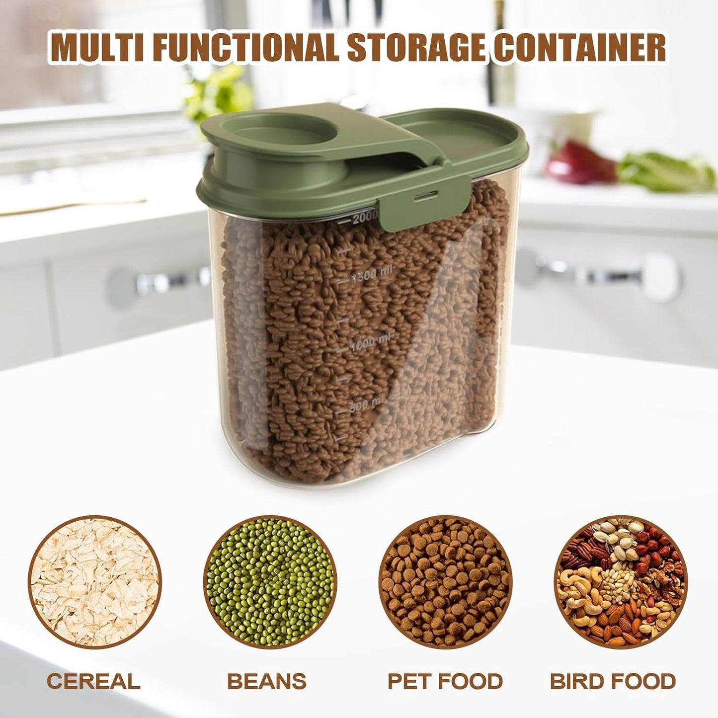 Pet Food Storage, 2L Animal Food Container, Transparent Airtight Dust-Proof Grain Dispenser for Home, Kitchen, Pantry & Garage