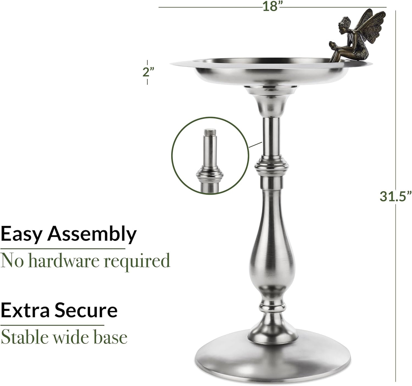 Pewter Pedestal Bird Bath with Fairy Statue, Free Standing Bird Bath, for Outside Backyard, Outdoor Patio, Garden, Birdbath by Good Feeder Gift for Bird Lovers, Large Aluminum Pewter