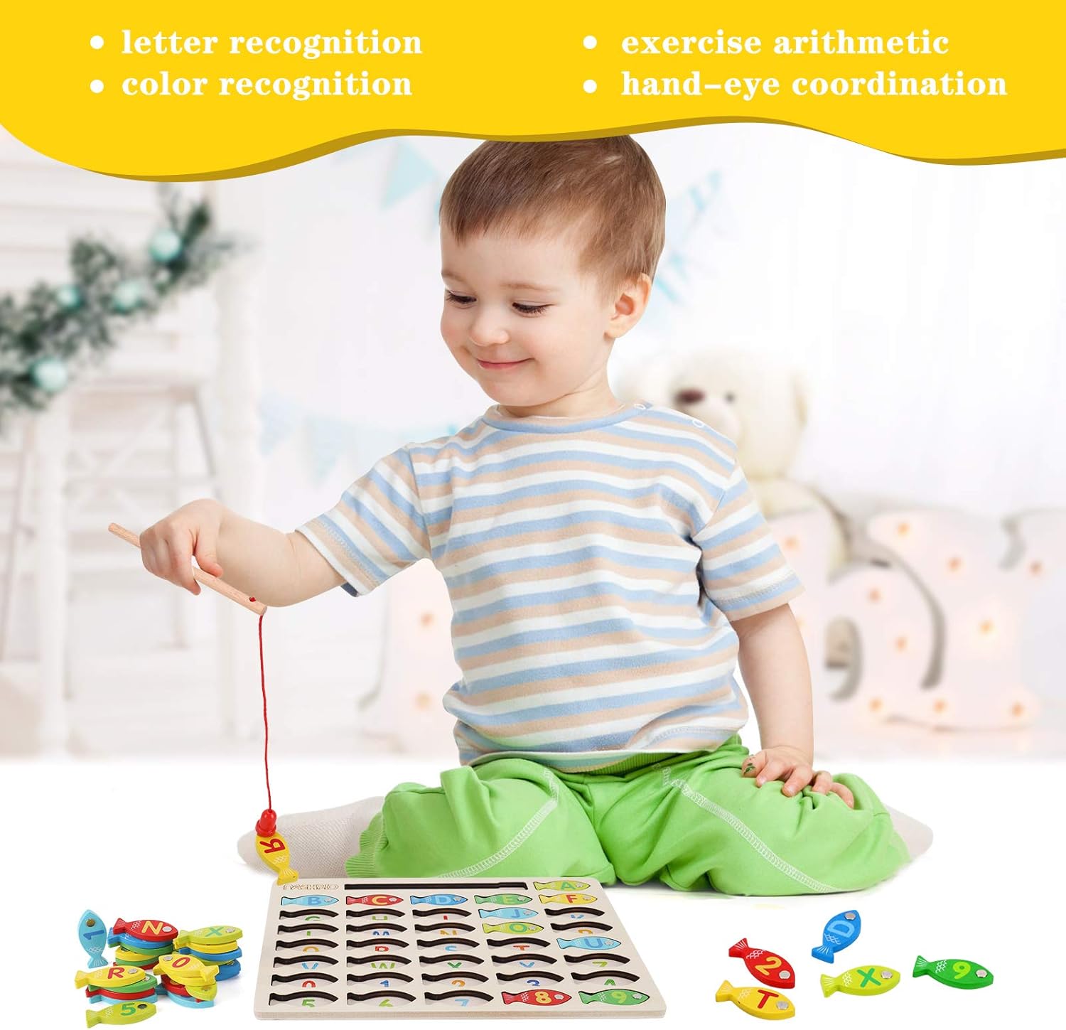 Magnetic Wooden Fishing Game Toy for Toddlers, Alphabet Fish Catching 