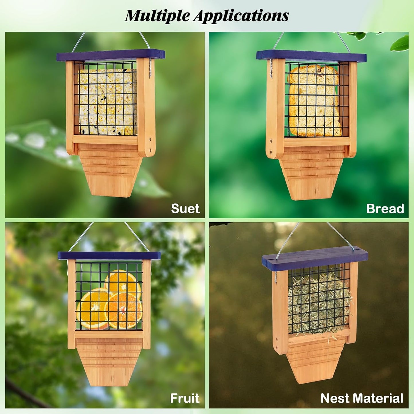 Wooden Suet Bird Feeder for Outside Hanging, Woodpecker Suet Feeder with Tail Prop, Hanging Bird Feeder for Wild Birds, 1 Pack, Blue