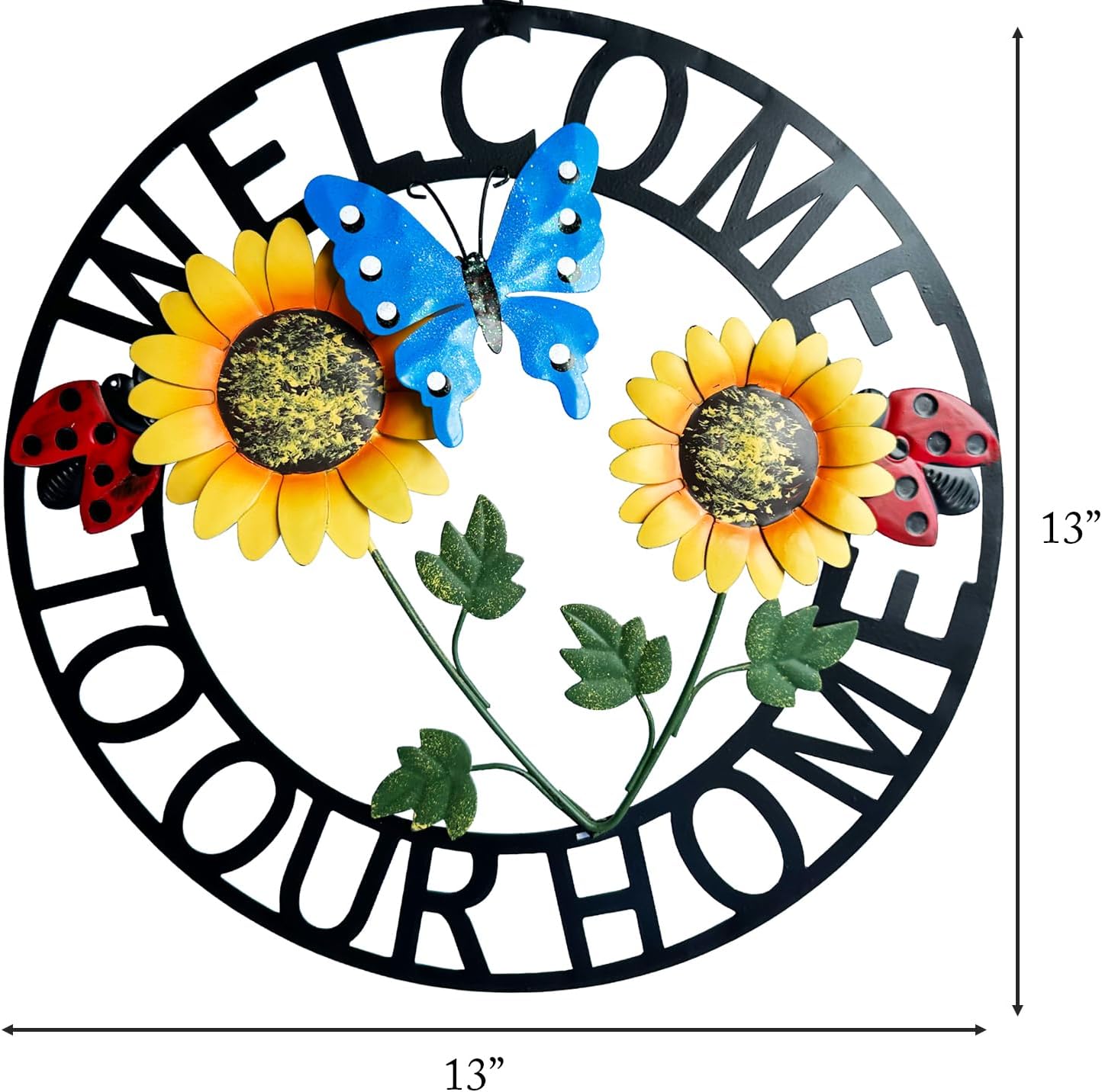 Hanging Sunflower and Butterfly Welcome Wreath, Outdoor Garden Ladybug