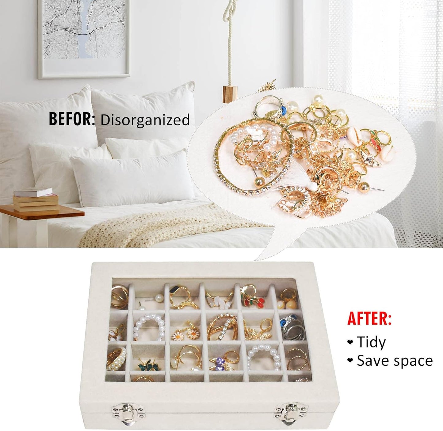 Velvet Jewelry Box 24 Grid Jewelry Ring Display Organiser Box Tray Holder Earrings Storage Case for Girls Wife Mom Women (Beige)
