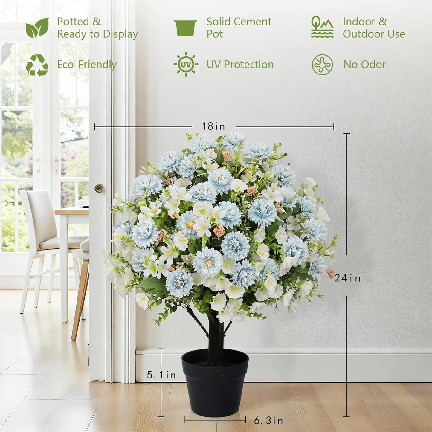 24" Artificial Daisy Flowers for Outdoors, Set of 2 - UV Resistant Faux Potted Eucalyptus Plants & Blue Silk Chrysanthemum Ball in Cement Pots for Covered Front Porch Indoor Spring Decor