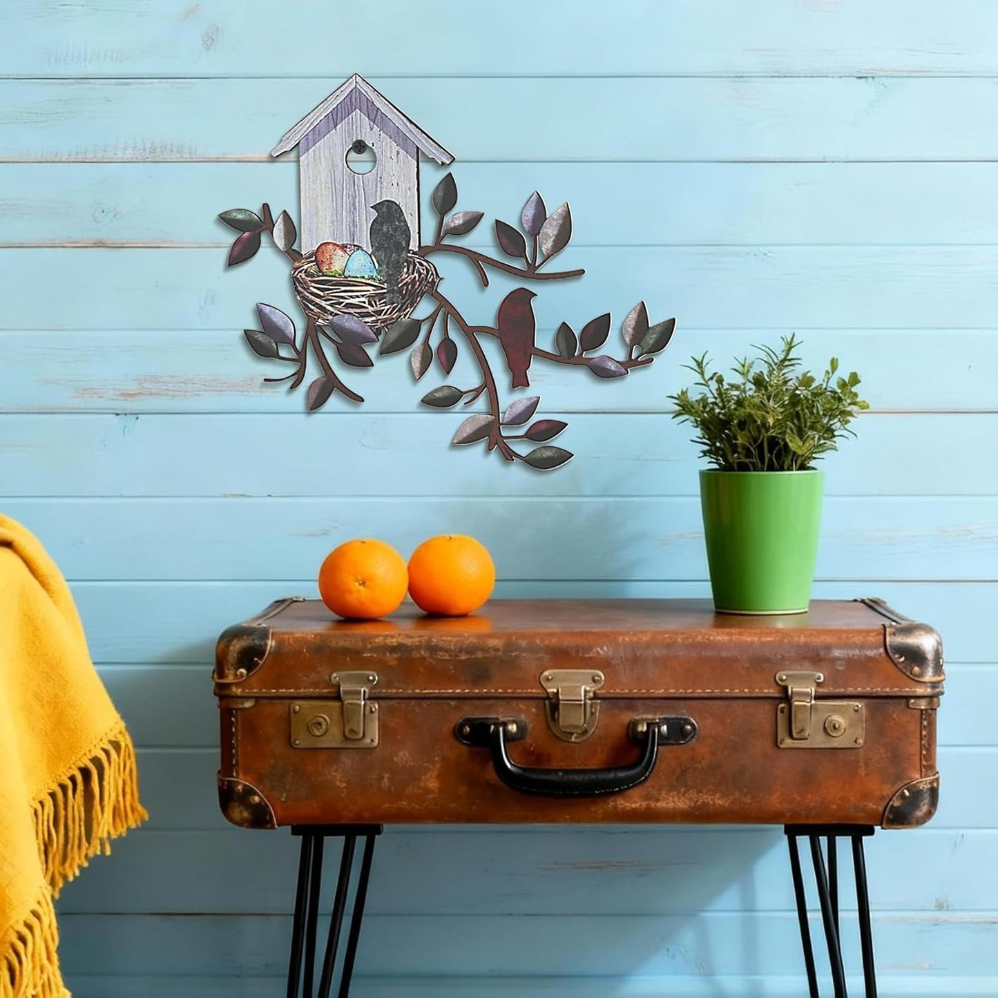 Vehookin Metal Bird Wall Decor, Bird Art Wall Decor with Adhesives & Nails, Birdhouse Metal Wall Hangings for Living Room Bedroon, Outdoor Garden Porch, 12.2 x 10.6 inches