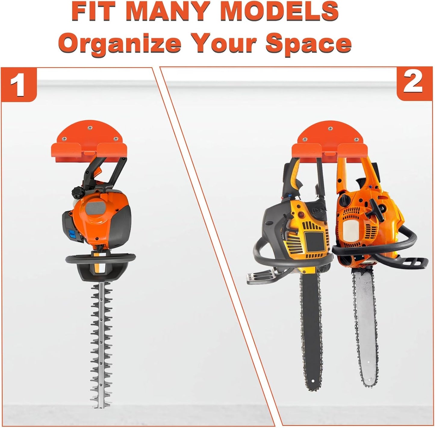 2 Pack Garage Storage Organizer Trimmer Rack - Heavy Duty Power Tool Hanger for Grass Trimmer, Hedge Trimmer; Fits Various Tools - Suitable for Wall Mounting in Garage, Shed, or Garden