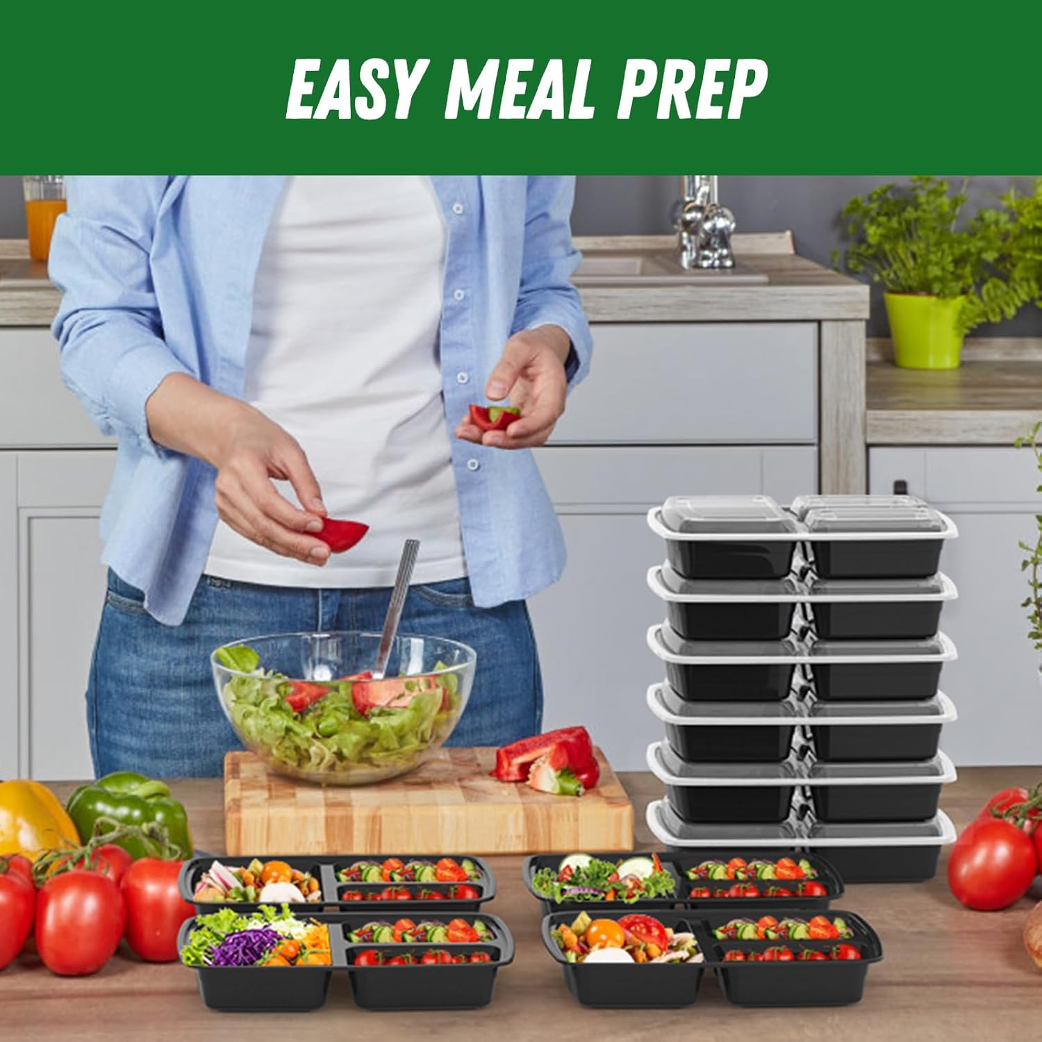 50 Pack (100-Piece) 32 oz Meal Prep Containers Reusable with Lids 3-Co
