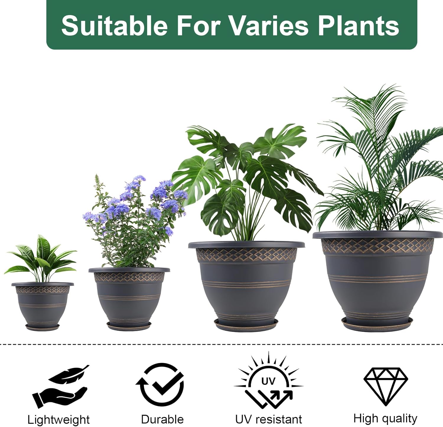 10 Inch 4 Pack Plant Pots, Plastic Flower Pot for Indoor & Outdoor wit