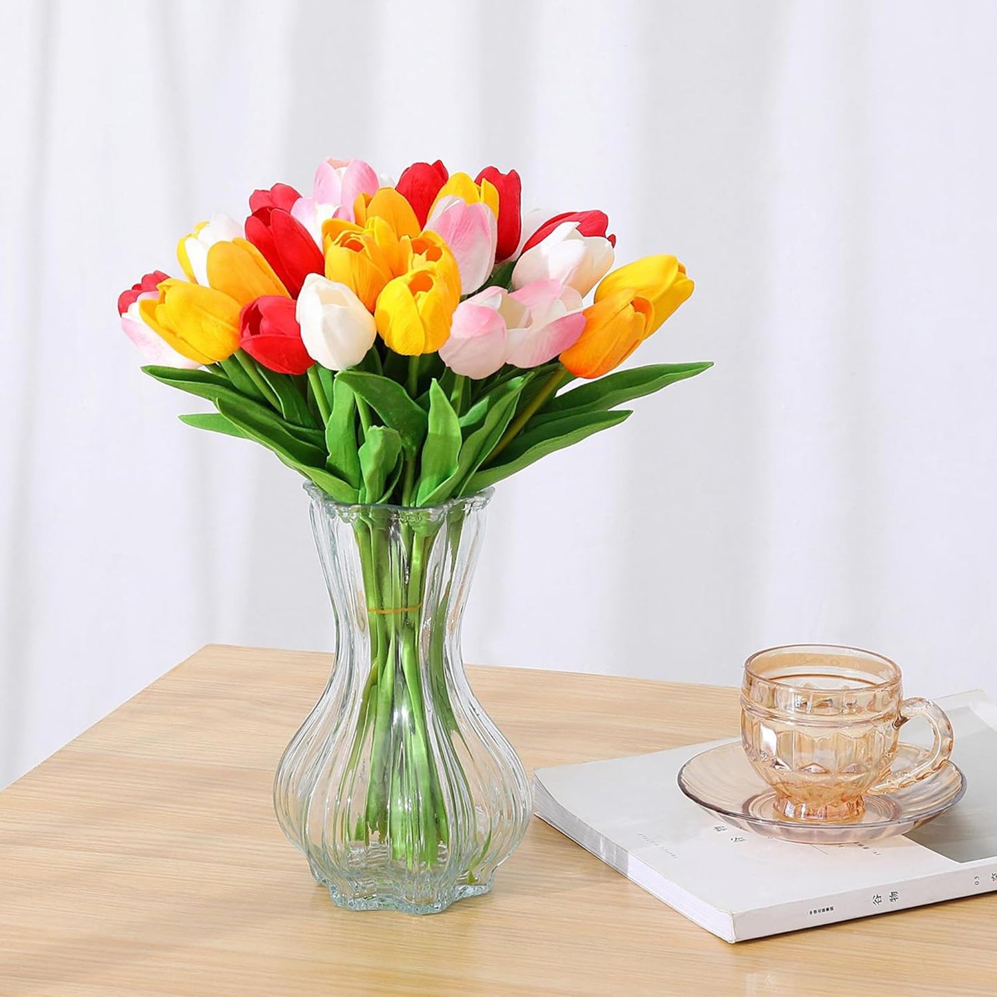 SITUMEIZI Fake Flowers Tulips Artificial Flower 15pcs Real Touch PU 14" for Spring Easter Home Kitchen Wedding Bouquet Bulk Mother's Gift Day Decorations(Assorted Colors,5)