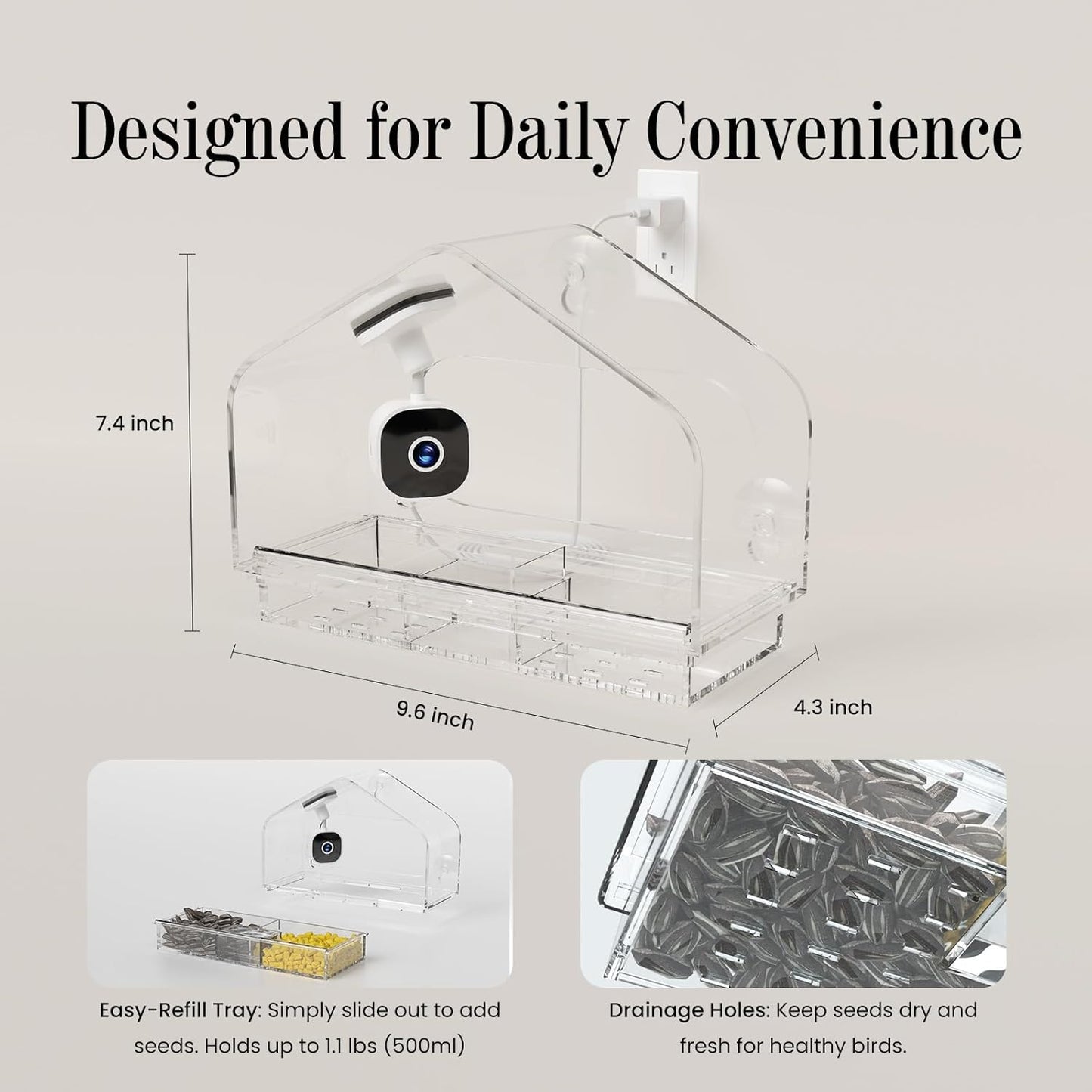Smart Window Bird Feeder Camera with AI, Modern Design for Panoramic Views, 2K HD Live Feed, USB Powered & Secure Suction Mount - The Ultimate Tech Gift (Clear)