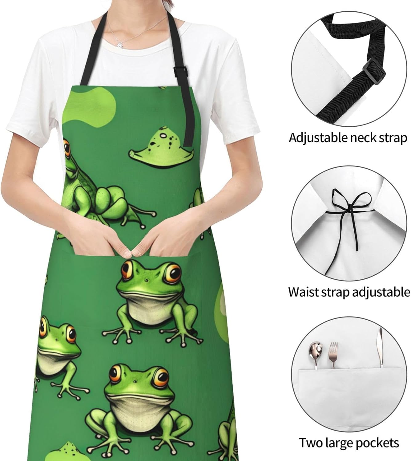 Funny Green Frogs print Waterproof chef's apron with pocket apron for kitchen cooking baking barbecue and gardening