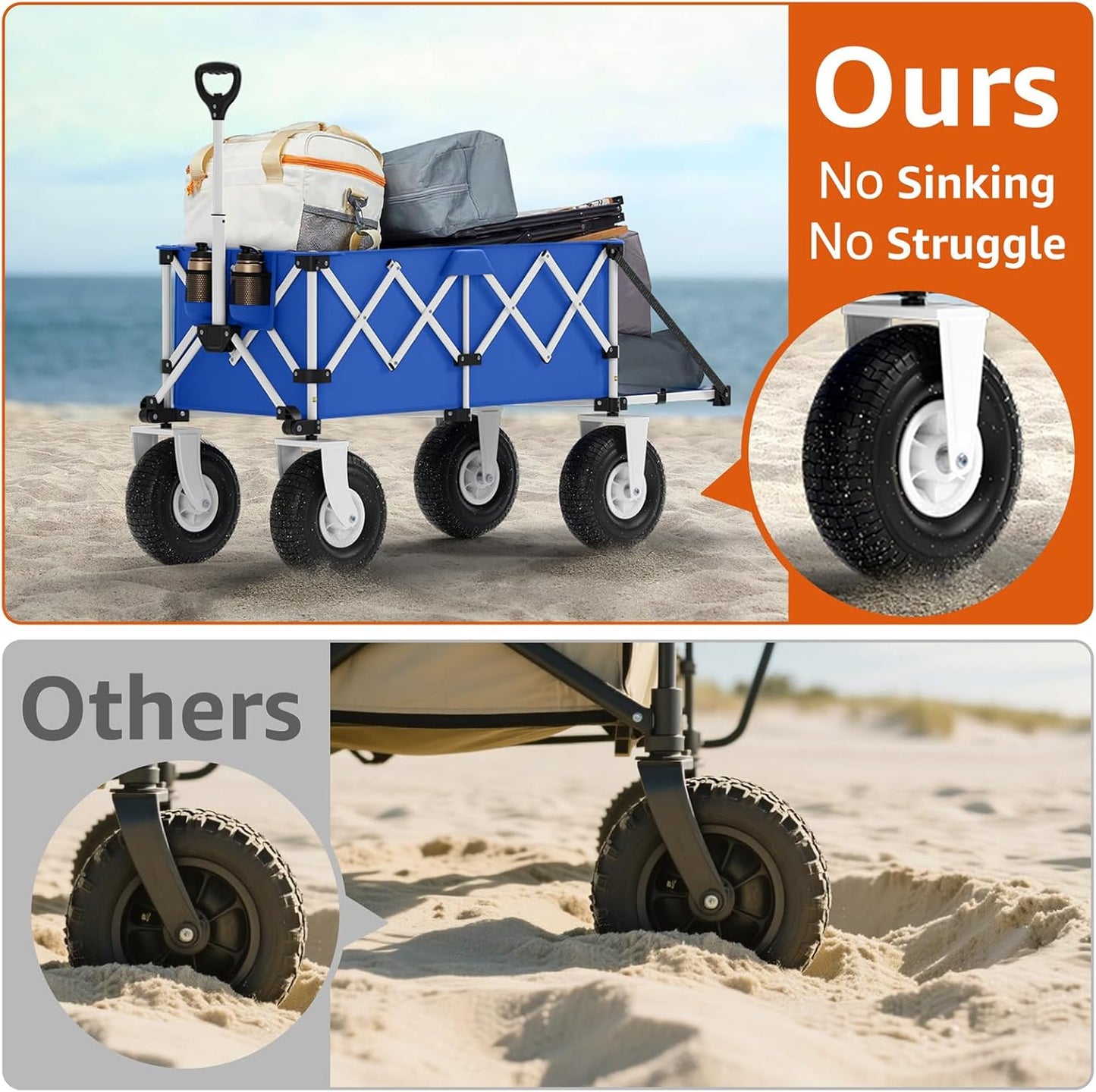 Blue Beach Wagon with Big Wheels for Sand - Heavy Duty 10" Wheel Collapsible Wagons Foldable Large Wagon Cart Folding All Terrain for Camping