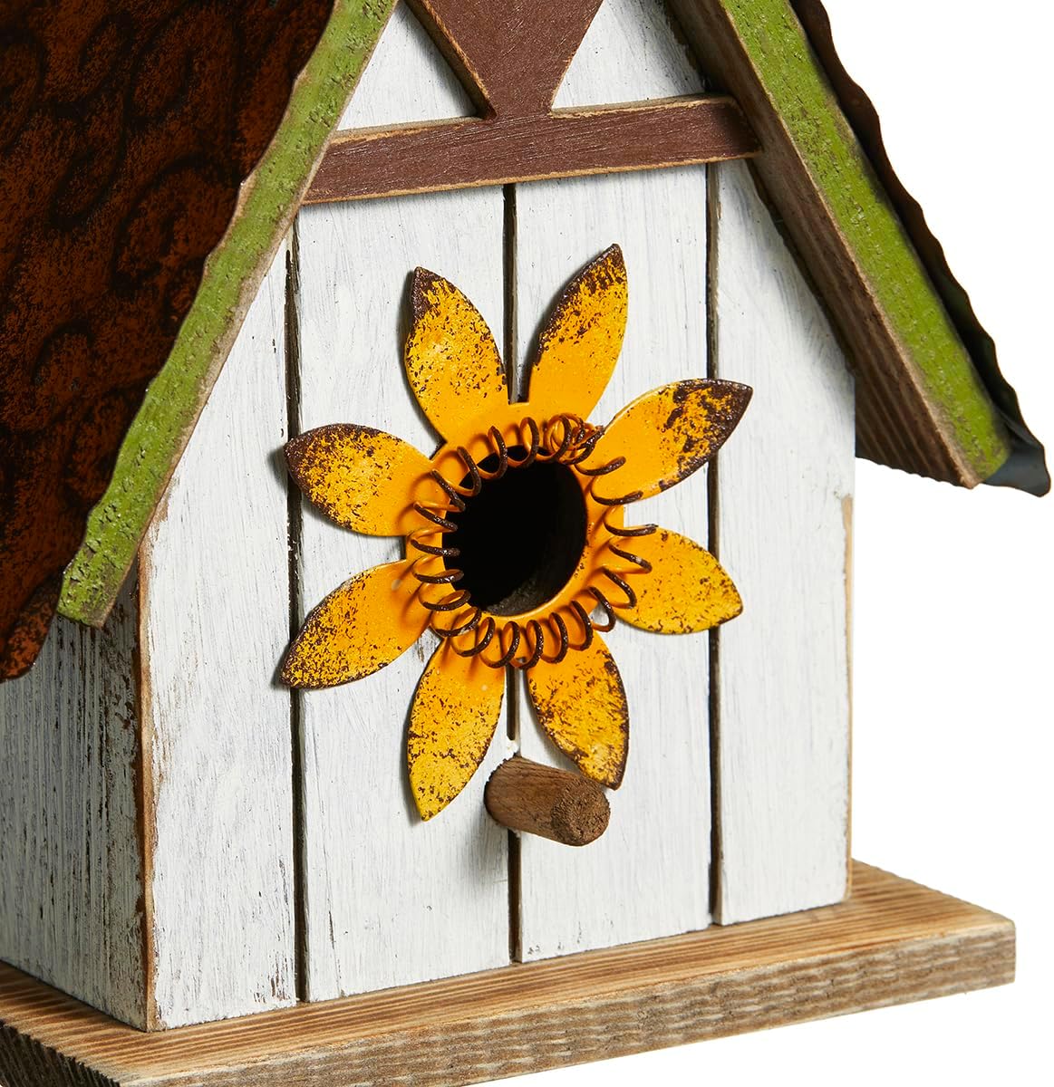 Glitzhome Bird Houses for Outside, Blue Bird Houses for Outdoors, 8.25" H Solid Wood Decorative Hanging Bird House Distressed Cottage Outdoor Garden Birdhouse with 3D Metal Roof and Flower