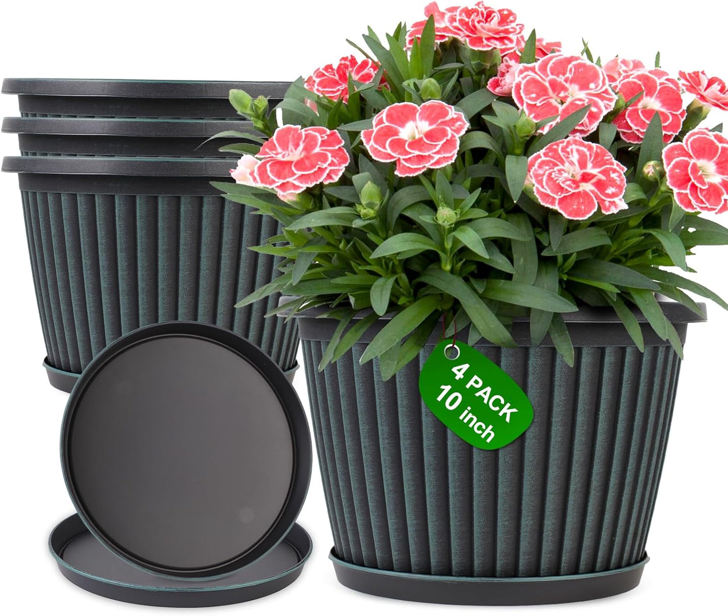 Planter-Pots-for-Plants-Indoor-Outdoor, 4 Pack 10 Inch Plastic Flower 