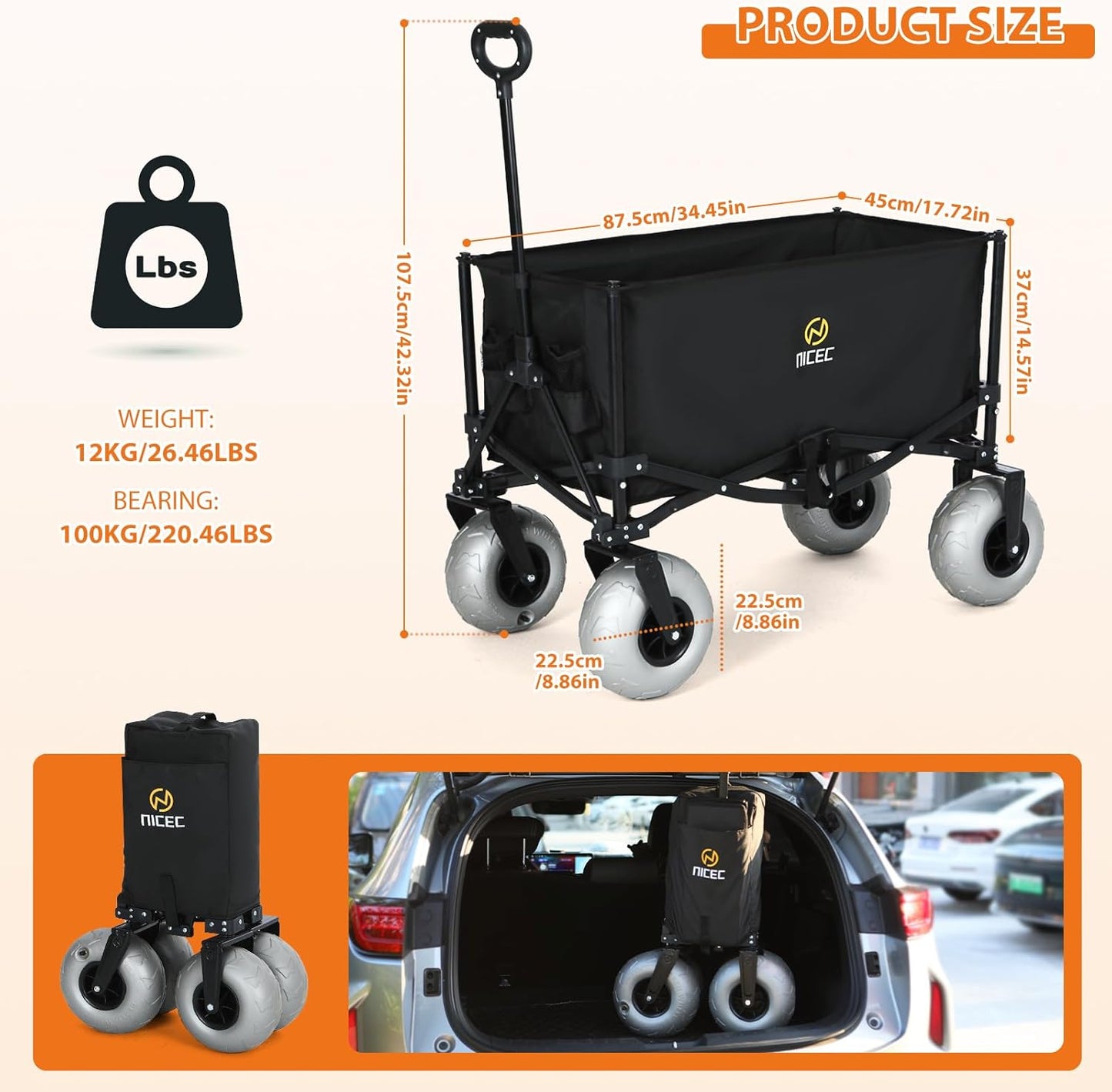 Nice C Beach Wagon, Heavy Duty Folding Utility Cart with 9" Balloon Wheels for Sand, 220 lbs Capacity, Adjustable Handle, Collapsible Beach Cart for Camping, Picnic, Outdoor, Groceries