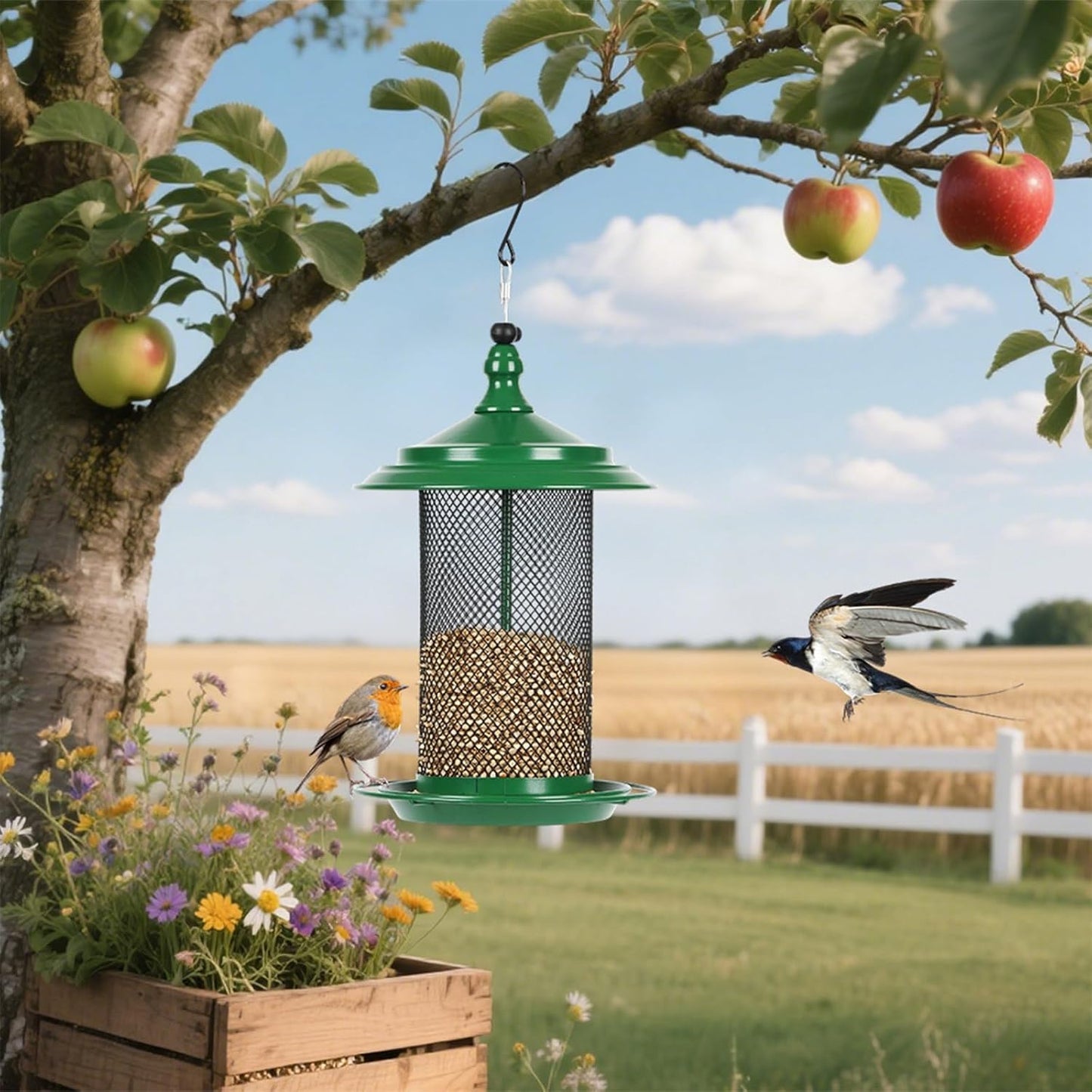 Squirrels Outdoor Bird Feeder Metal Construction Feeding Ports Weatherproof Roof Design for Finches Squirrels Bird Feeder