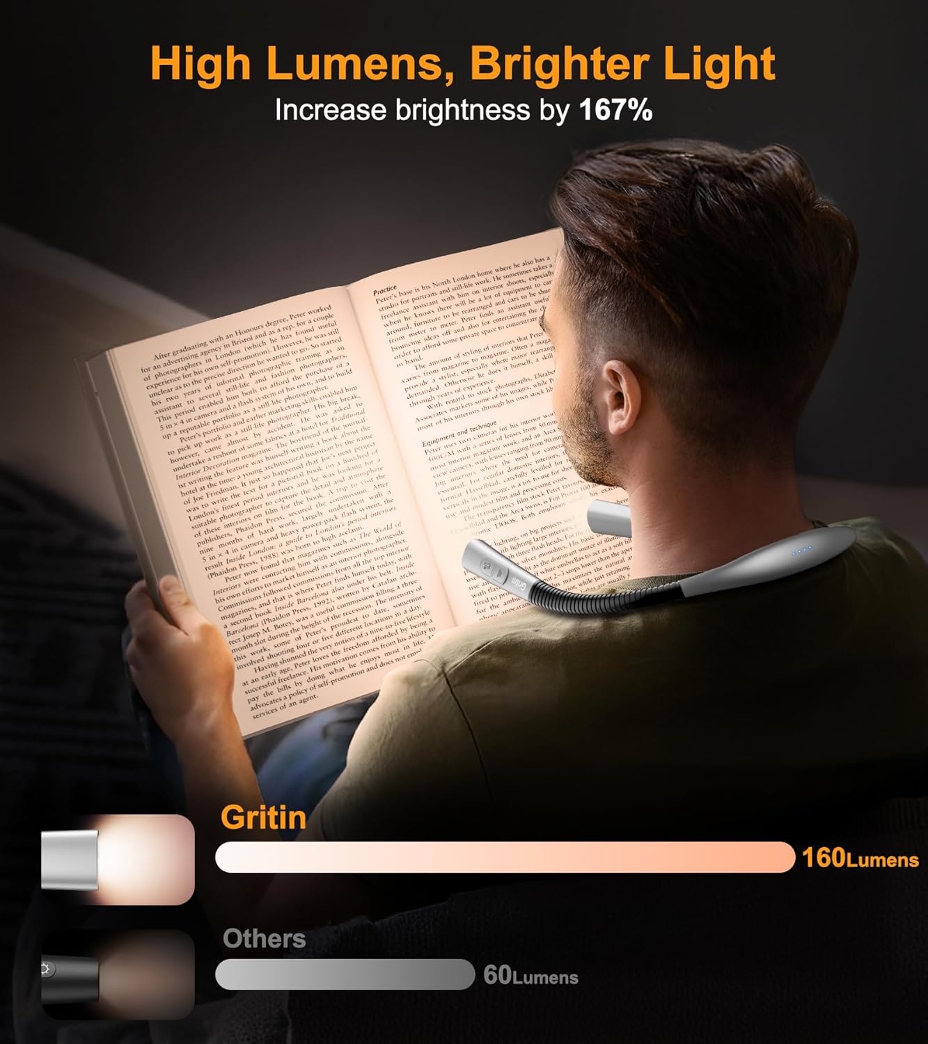 Gritin Book Light, Eye Caring 4-Color & 5-Brightness Neck Light Readin