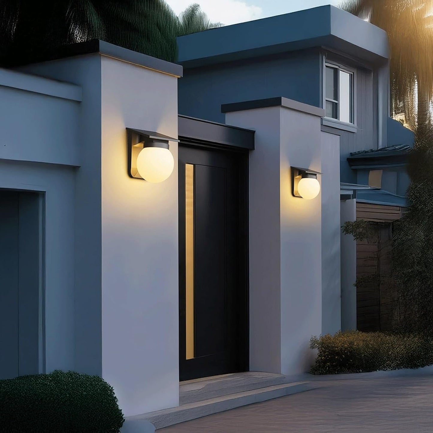 Solar Globe Wall Lamp Outdoor, Modern LED Dusk to Dawn Exterior Light, Wireless Waterproof PC Mounted Fixture for Porch Patio Terrace Garage Villa Garden Storefront Entryway Cottage