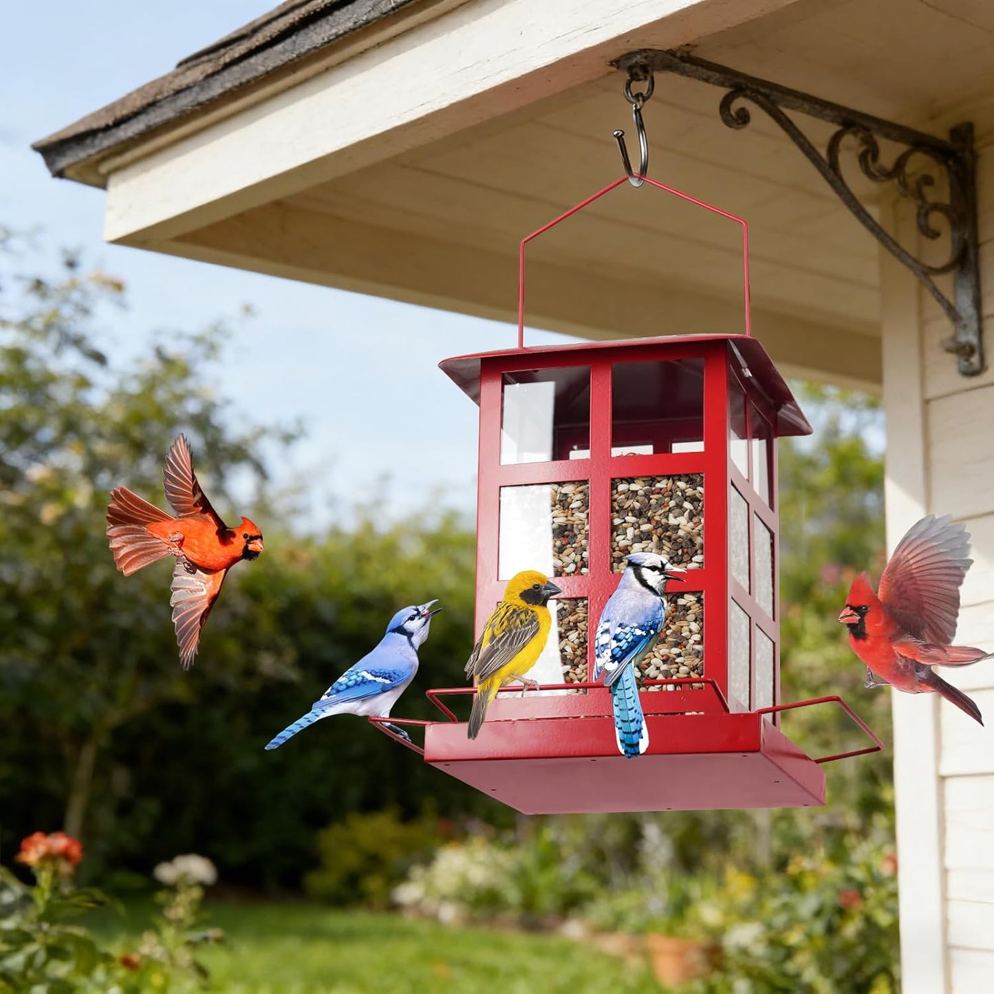 Bird Feeder, Heavy Duty Metal Bird Feeders for Outdoor Hanging, Retro Red House Wild Birdfeeder, Rainproof & Waterproof, 4 LBs Large Capacity