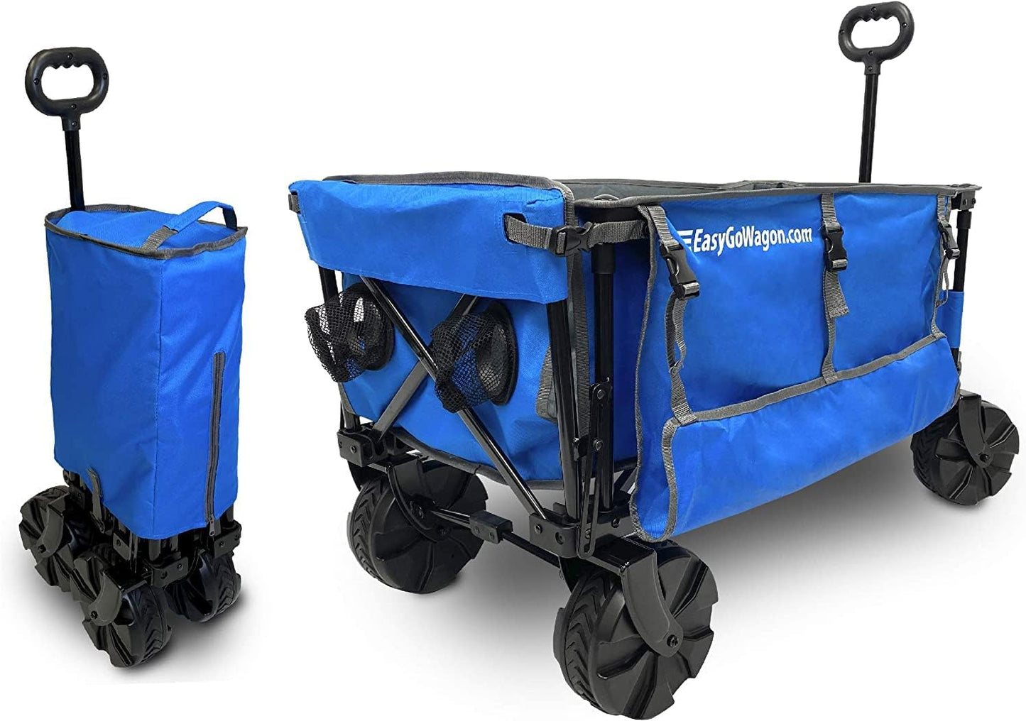 Deluxe Folding Beach Wagon Big Wheel Beach Cart w/ Folding Beach Table and Side Umbrella Holders