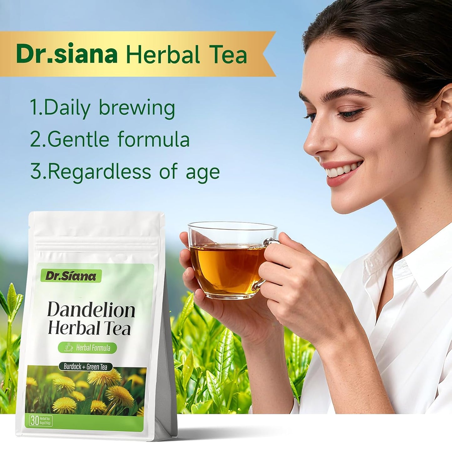 Dr. Siana Dandelion Root Tea Bags，Burdock Root Tea & Green Tea，5g x 30 Teabags - Premium Natural Herbal Tea, Support Digestive Function