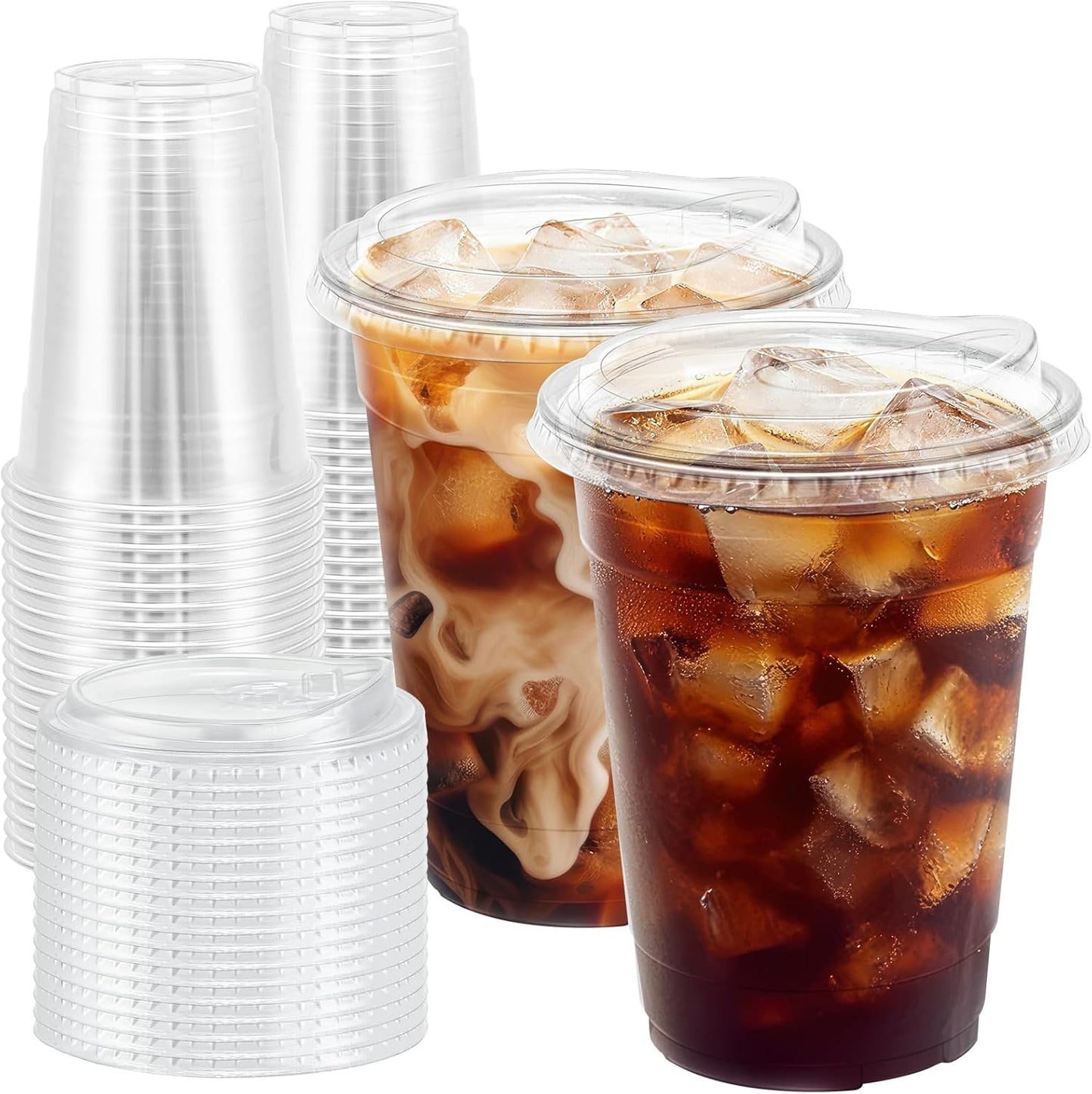100 Pack 16 oz Clear Plastic Cups with Lids, Disposable Iced Coffee Cu