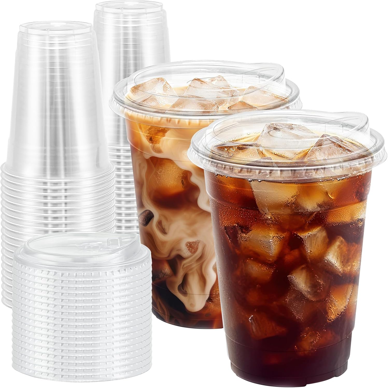100 Pack 16 oz Clear Plastic Cups with Lids, Disposable Iced Coffee Cu