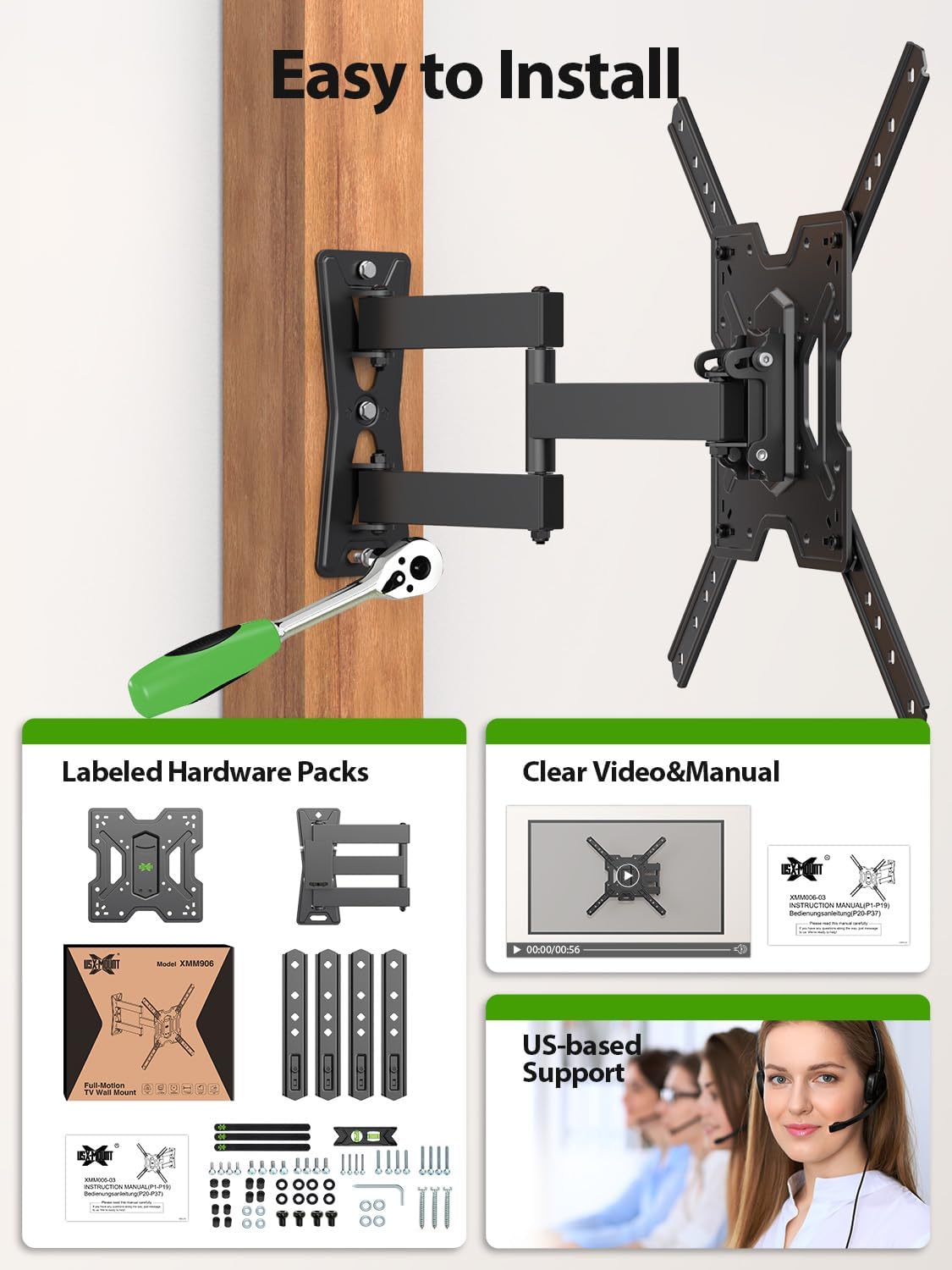 USX MOUNT UL Listed Full Motion TV Mount, Swivel Articulating Tilt TV Wall Mount for 26-65 Inch LED, 4K, Wall Mount Bracket with VESA 400x400mm Up to 77lbs, Perfect Center Design -XMM006-1