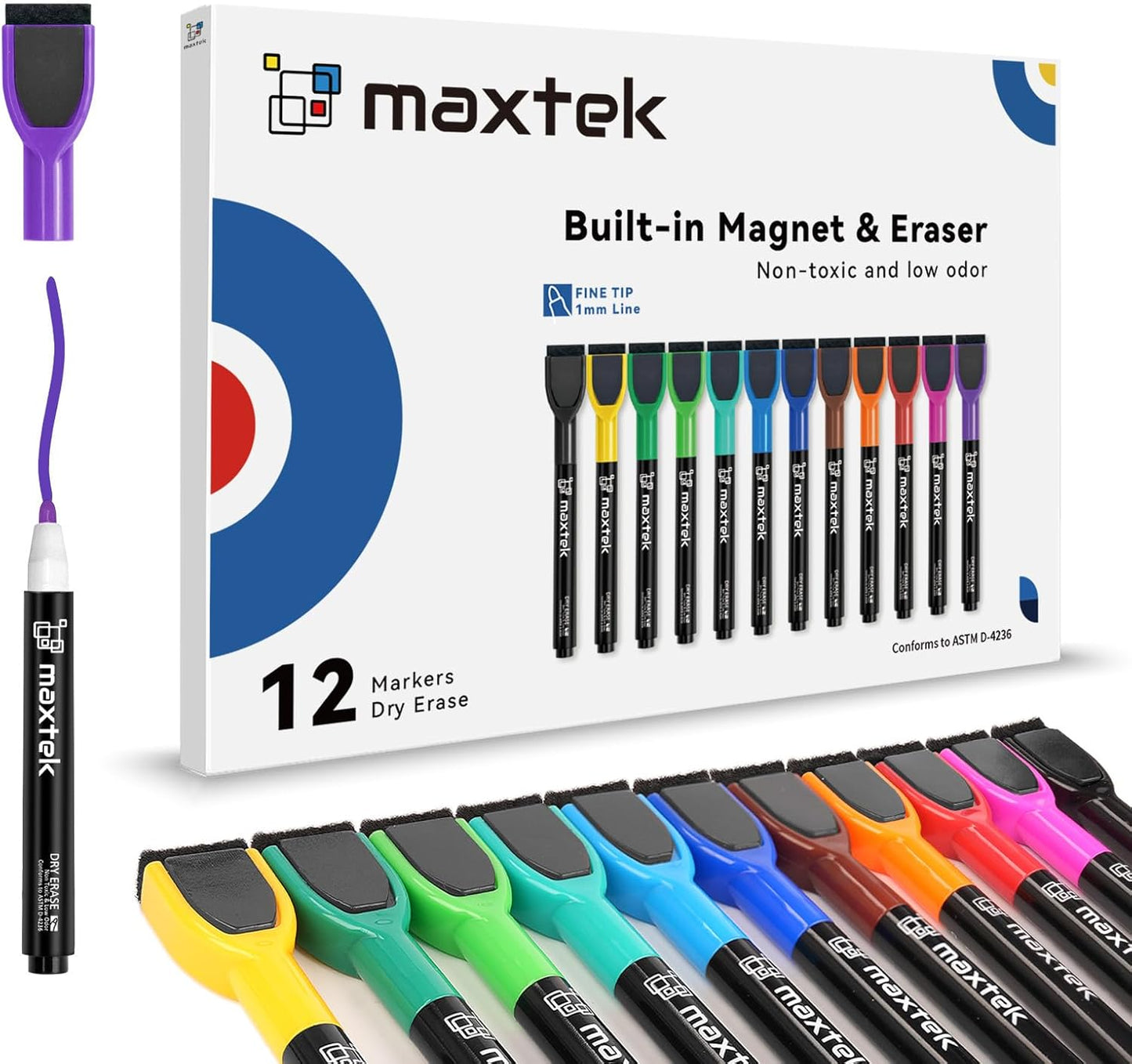 maxtek Magnetic Whiteboard Markers - 12 Count Colorful Fine Tip Dry Er