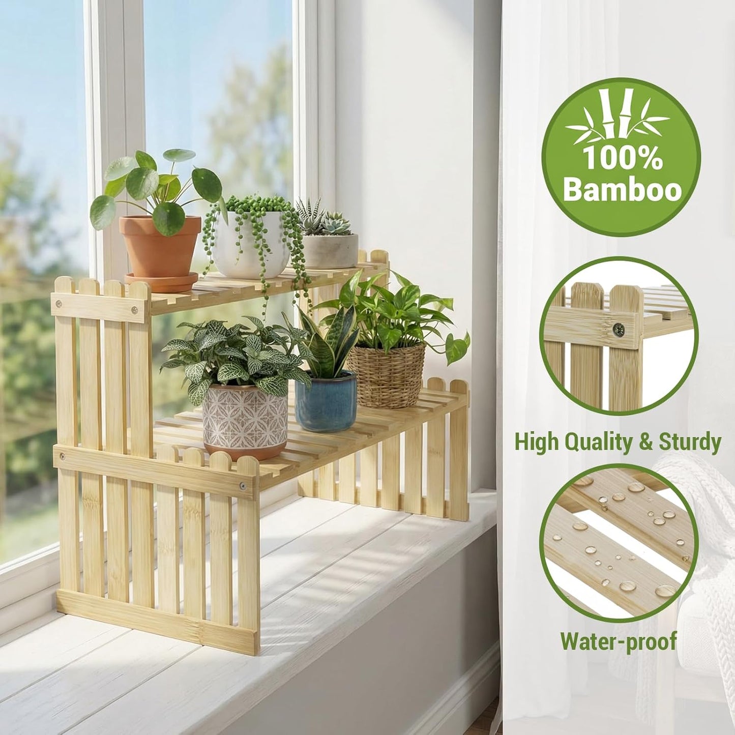 MyGift Natural Bamboo Indoor Plant Stand for Desk, 2 Tier Desktop Shelf Organizer Rack with 2 Slatted Shelves