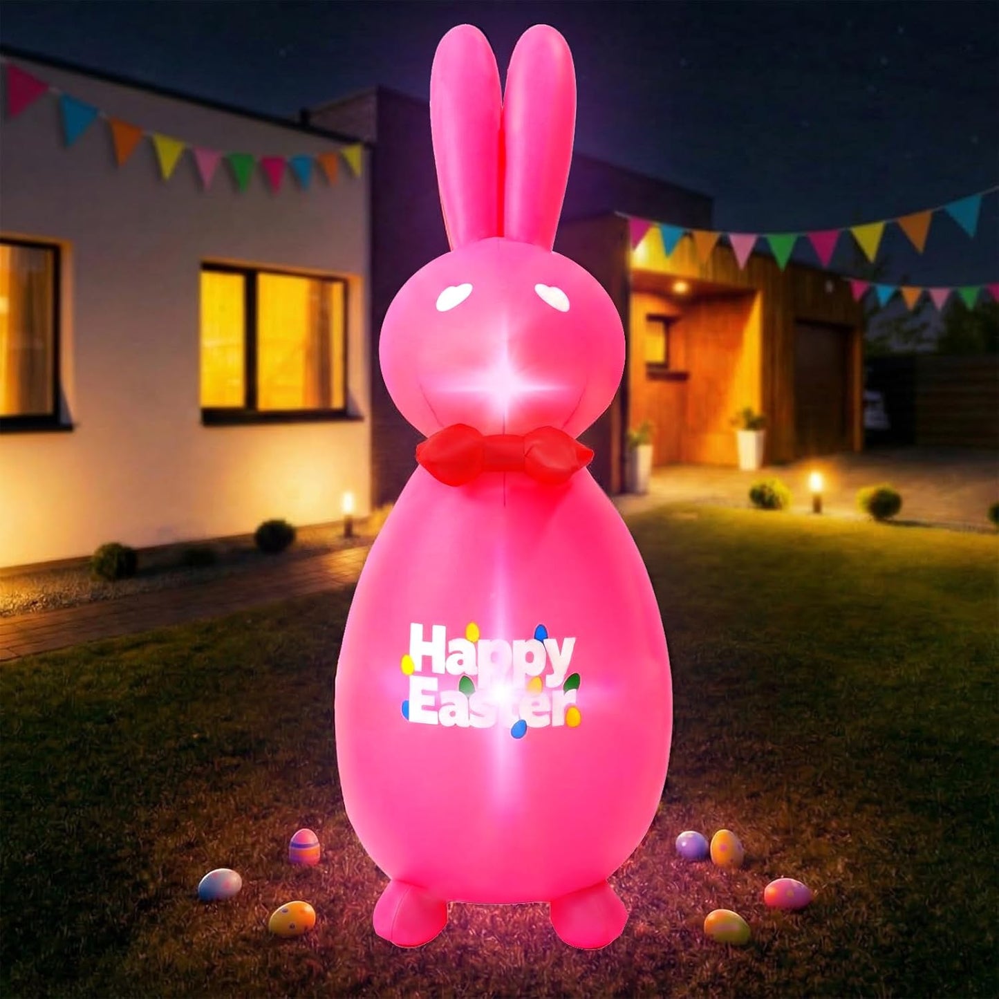 6FT Easter Inflatable Bunny Outdoor Decoration, Giant Pink Blow Up Rabbit with LED Lights, Easter Yard Decor for Lawn Garden Patio, Holiday Party Inflatables with Stakes & Tethers